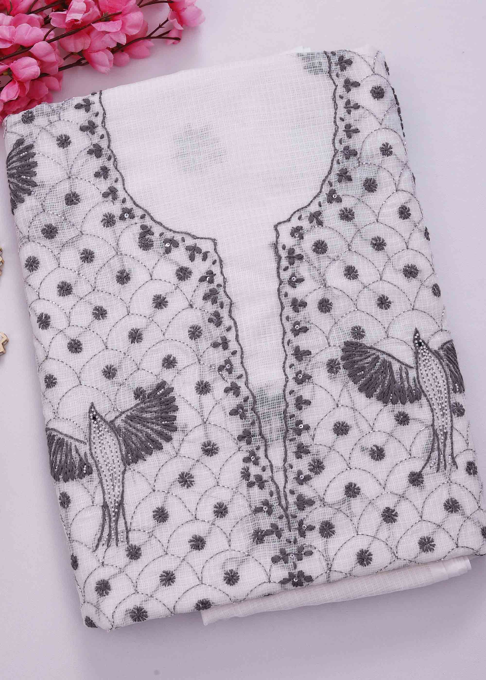 White & Black color Pure Kota Doria Kurta Dupatta set with Cut daana work