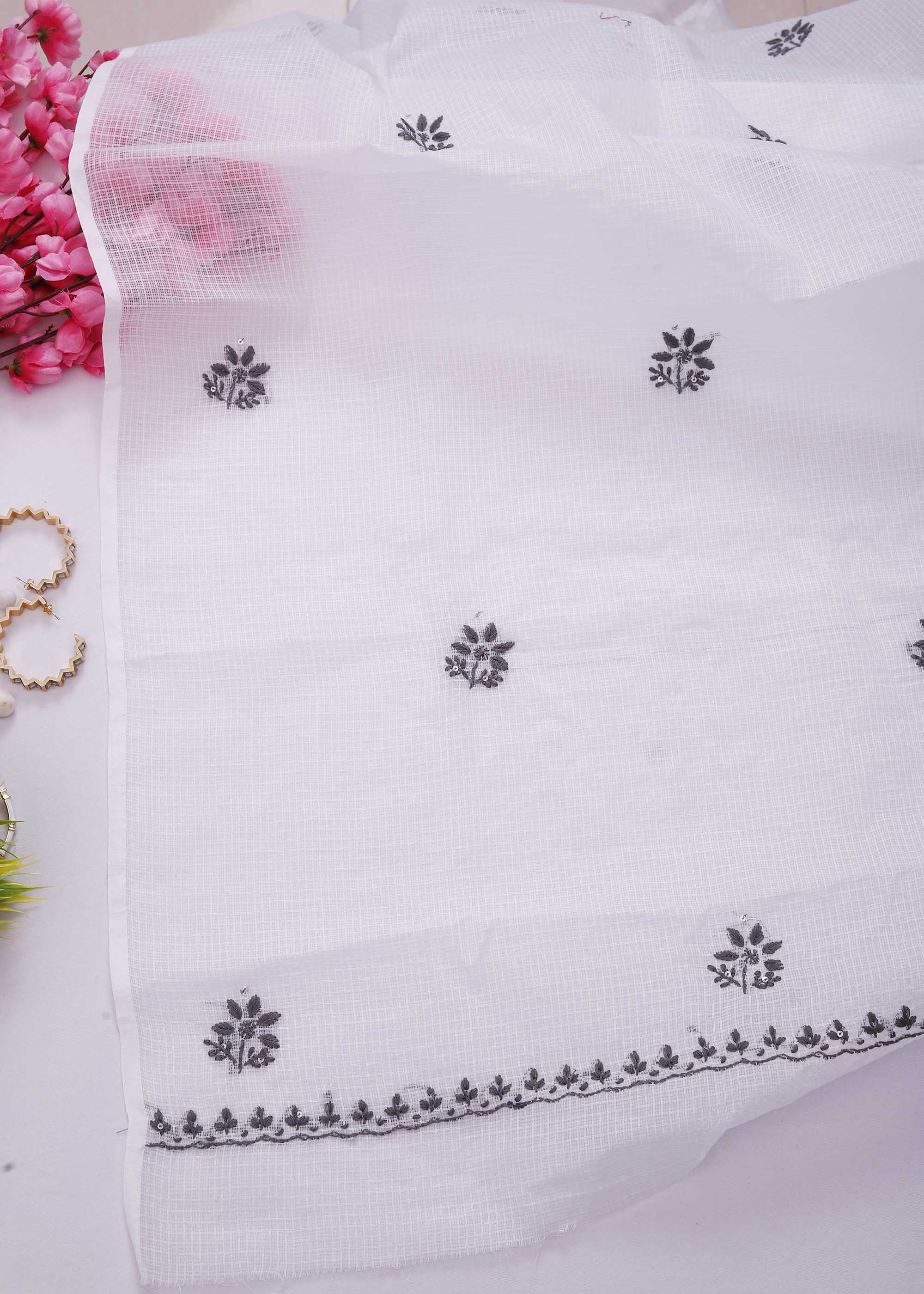 White & Black color Pure Kota Doria Kurta Dupatta set with Cut daana work