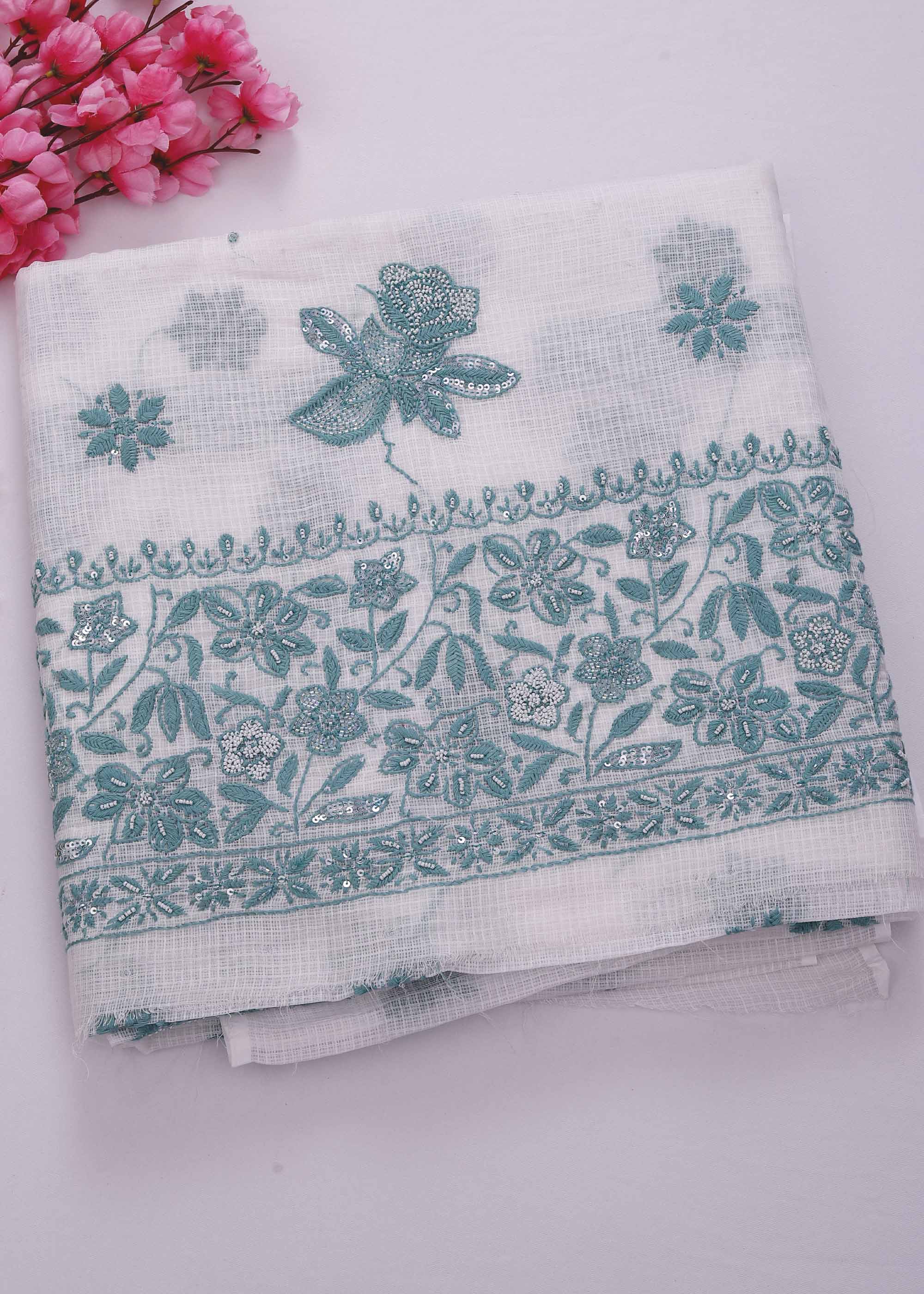 White & Green color Pure Kota Doria Kurta Dupatta set with Cut daana work