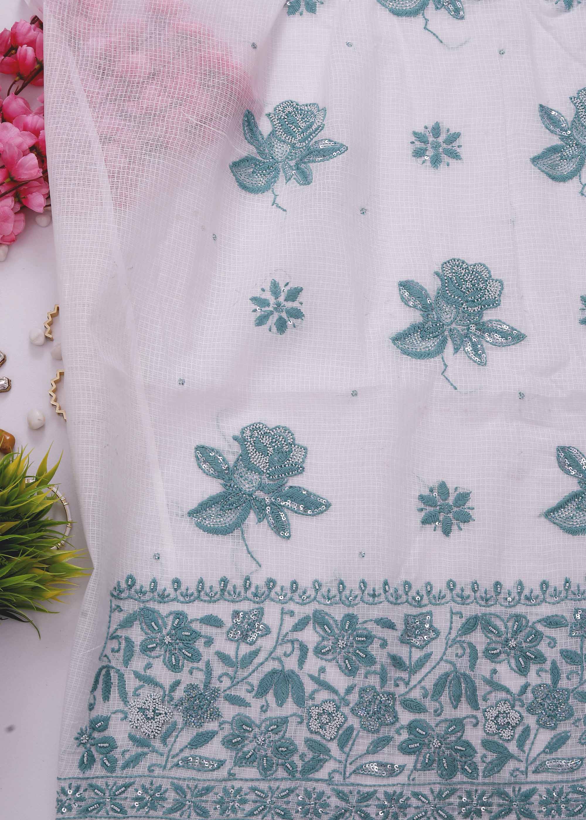 White & Green color Pure Kota Doria Kurta Dupatta set with Cut daana work