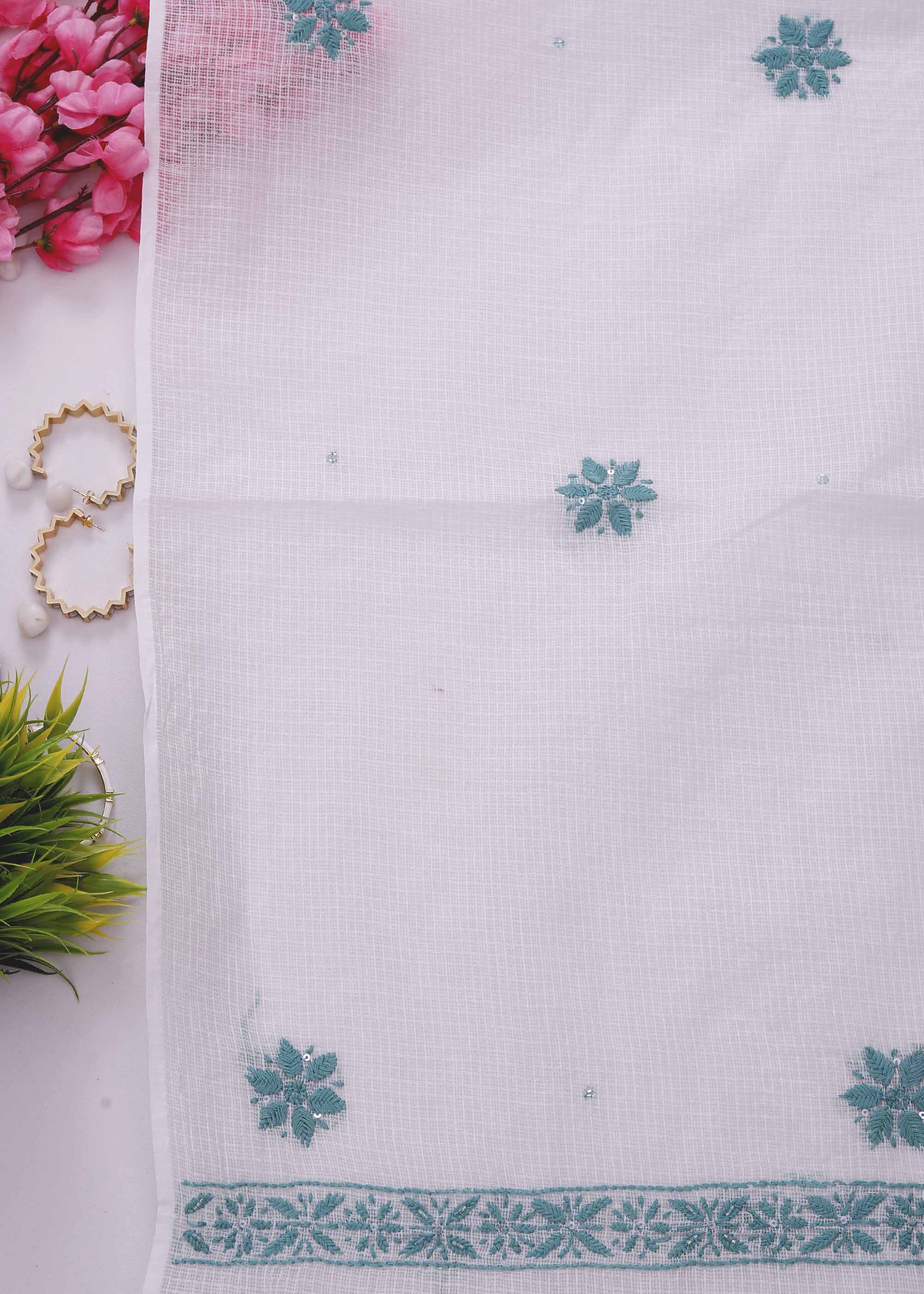 White & Green color Pure Kota Doria Kurta Dupatta set with Cut daana work