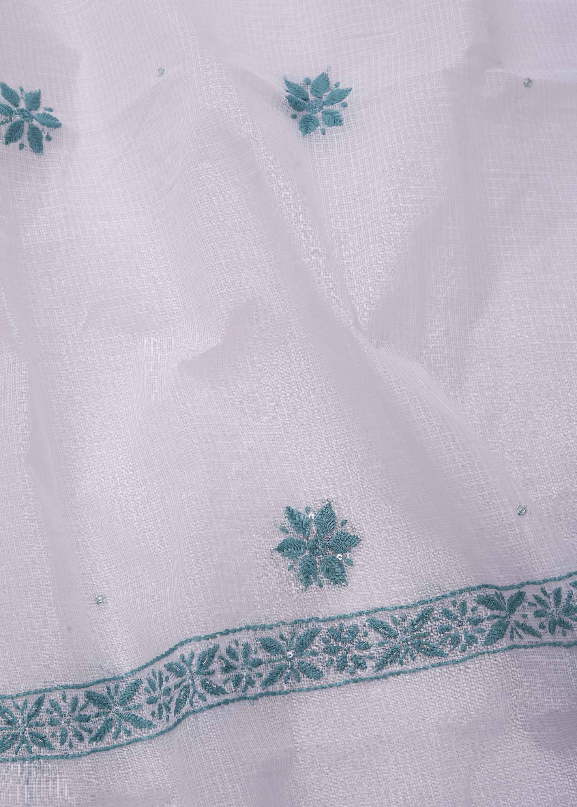 White & Green color Pure Kota Doria Kurta Dupatta set with Cut daana work