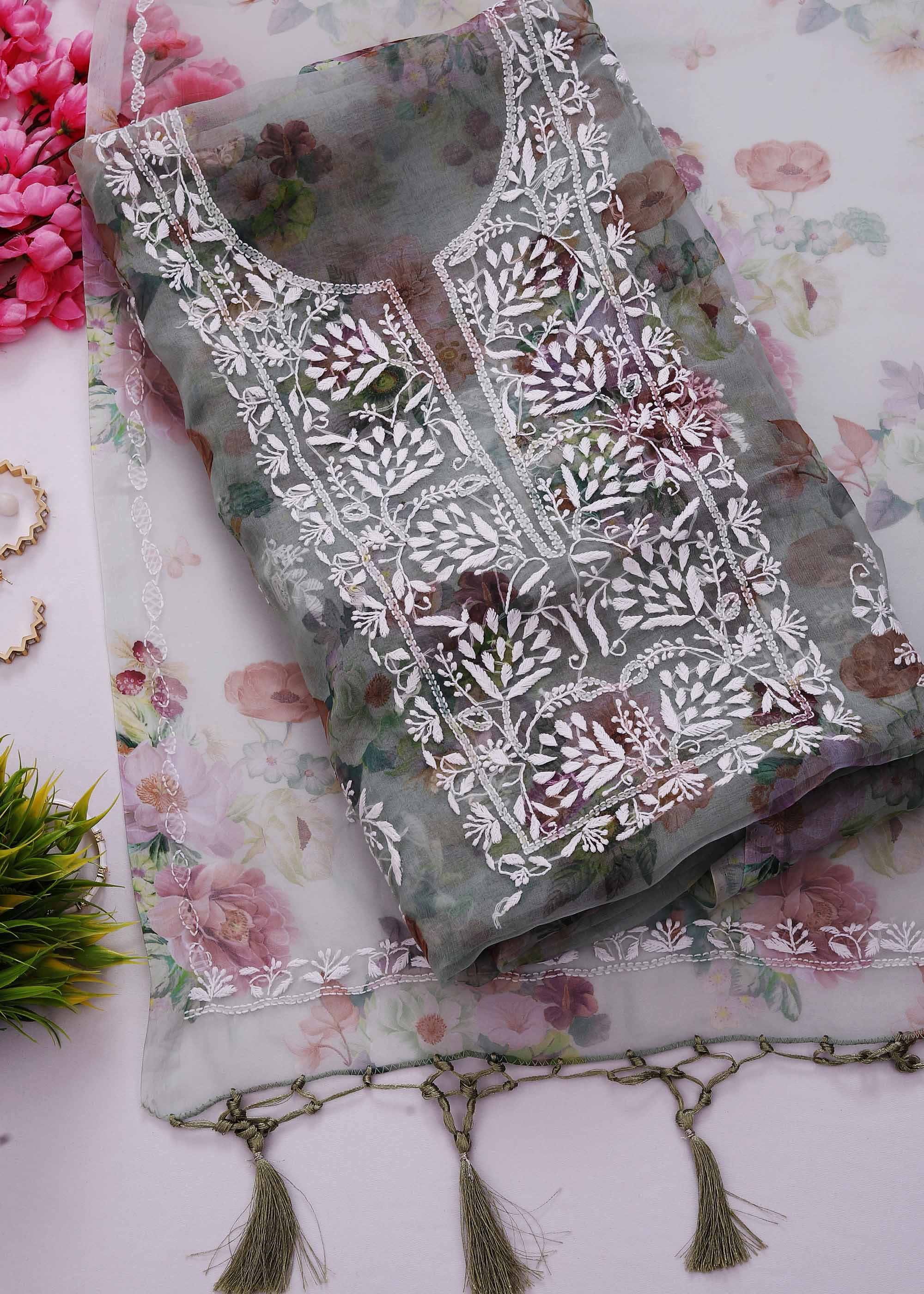 Green Color Organza kurta & dupatta material with Chikankari work