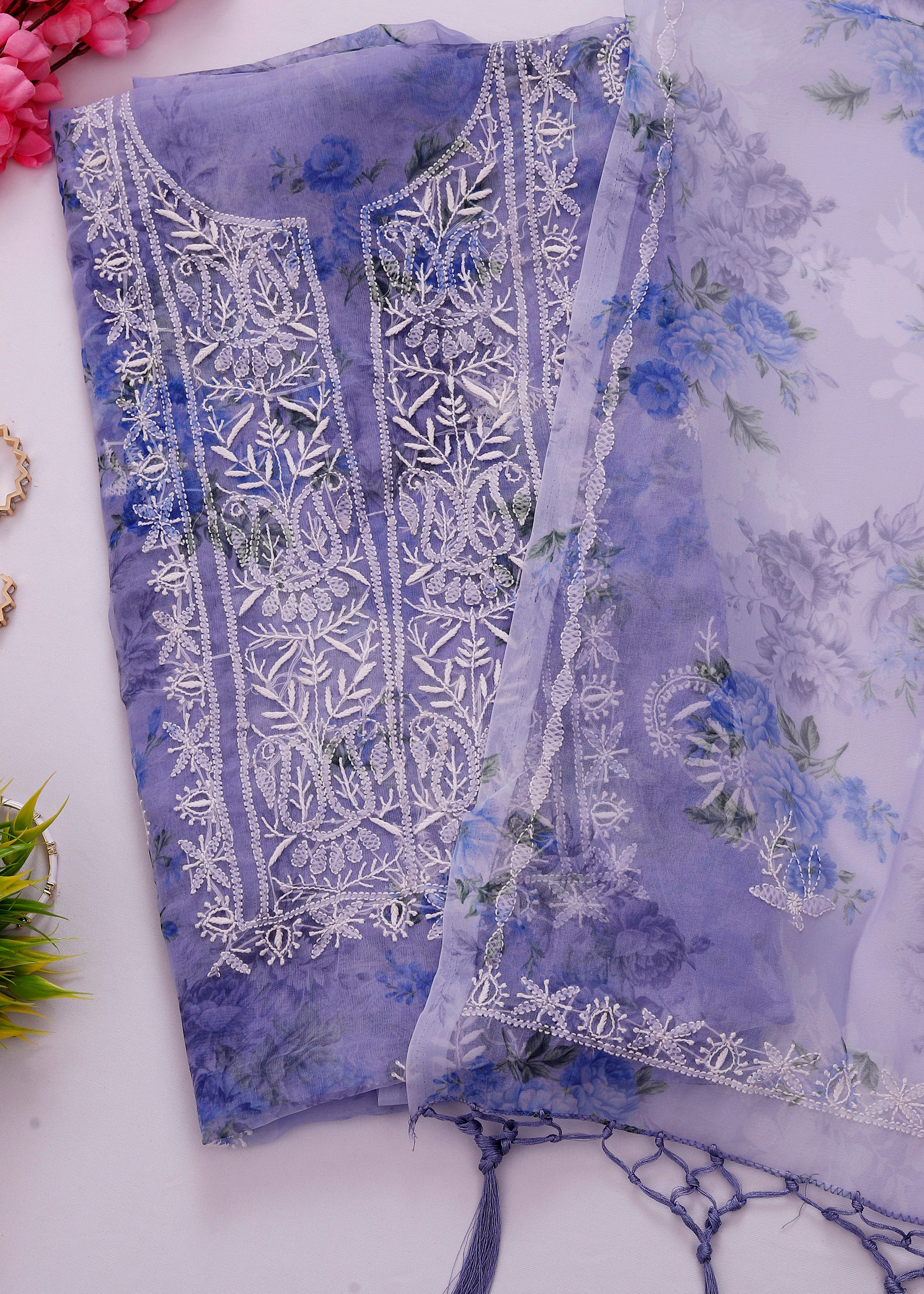 Blue color Organza kurta & dupatta material with Chikankari work
