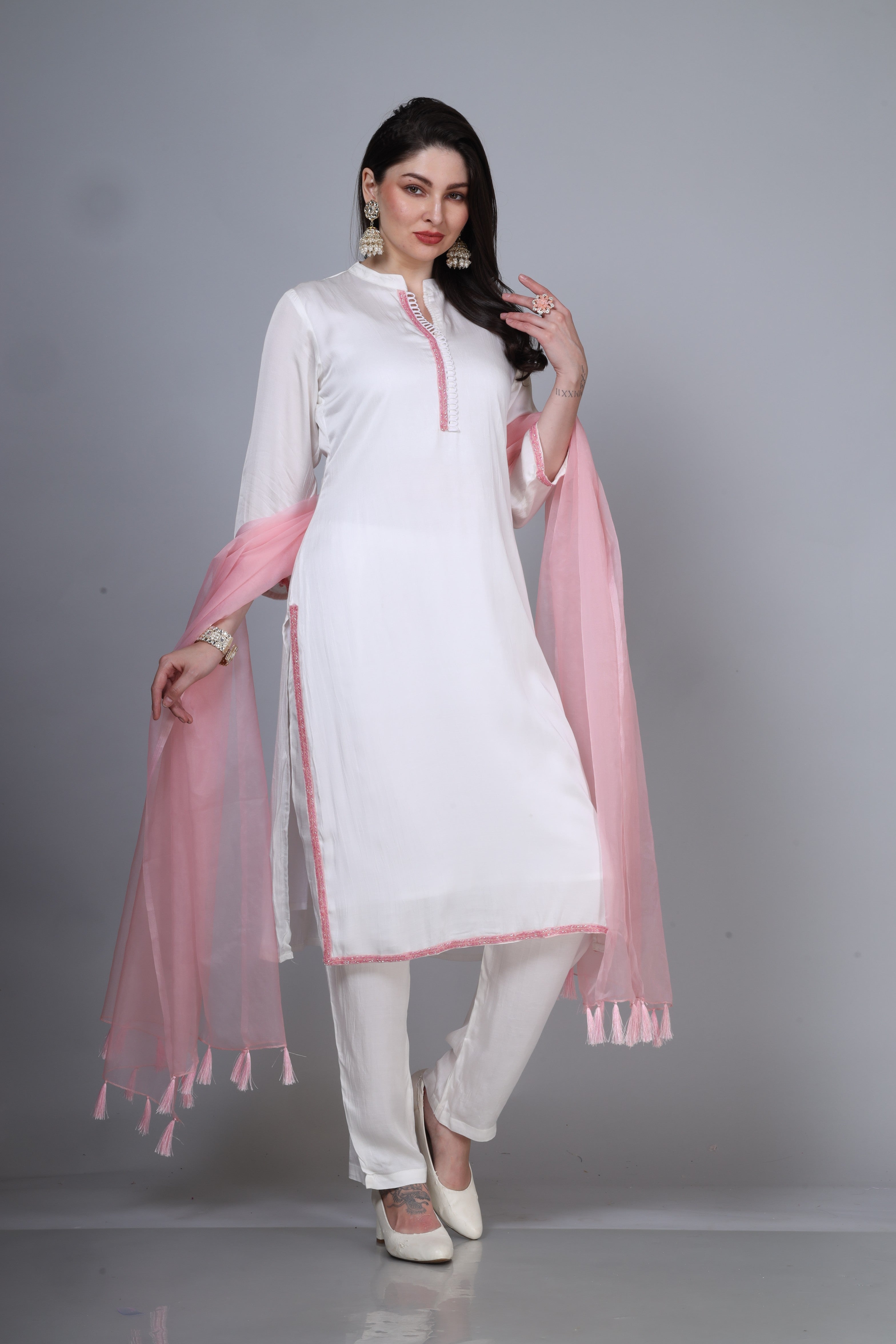 White & Pink Modal Satin 3 piece Suit set