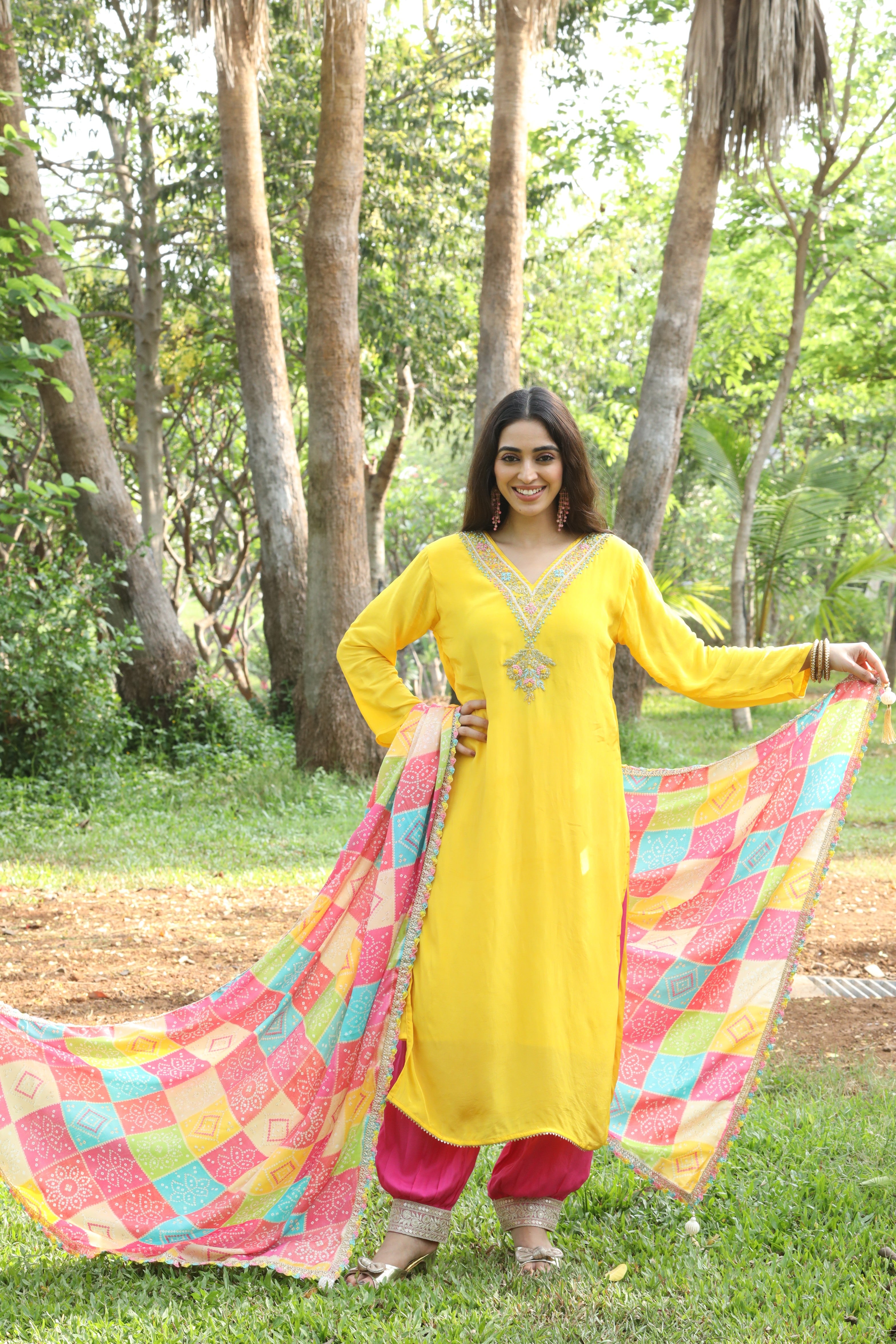 Crepe silk suit with multi color dupatta