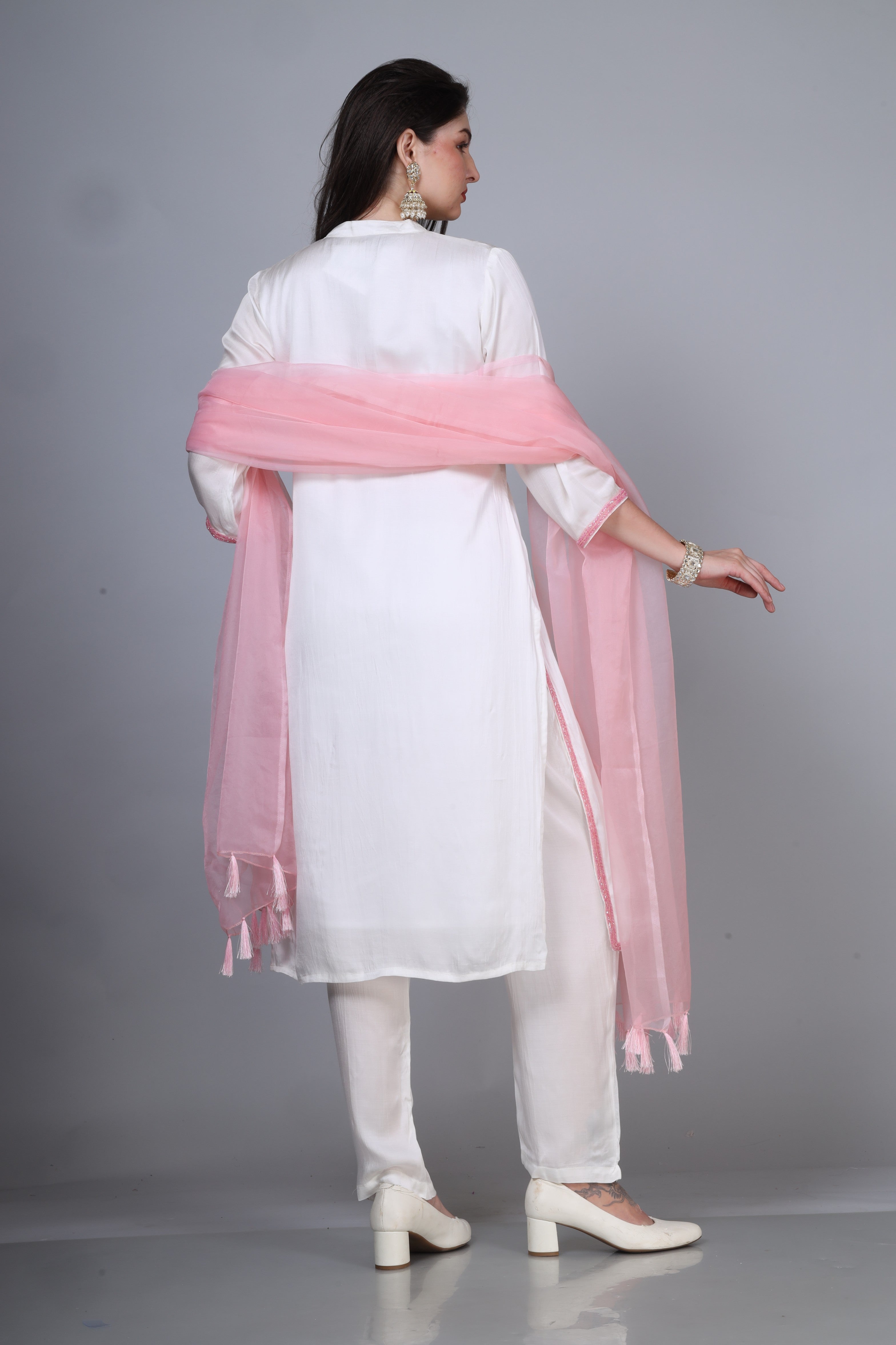 White & Pink Modal Satin 3 piece Suit set