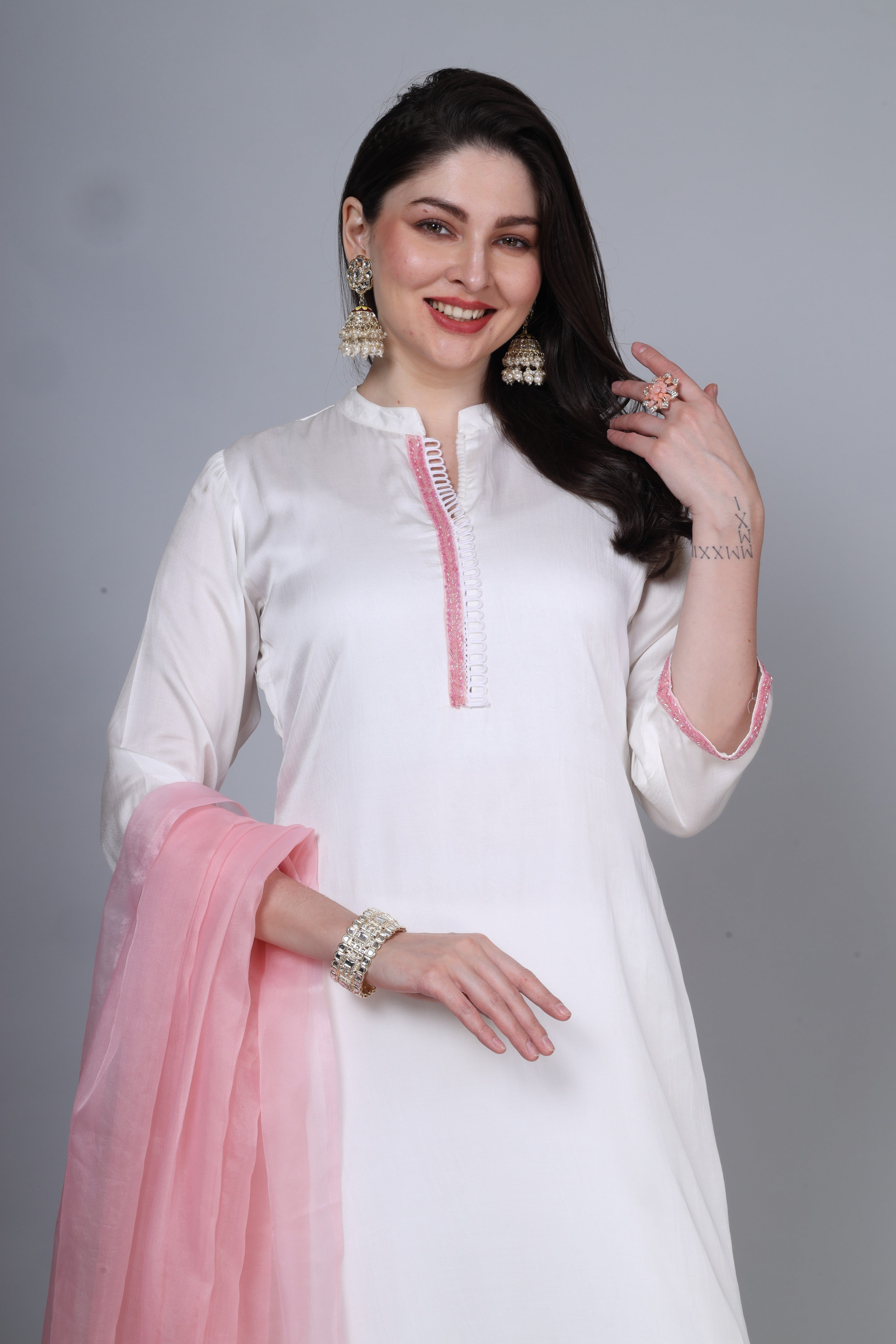 White & Pink Modal Satin 3 piece Suit set
