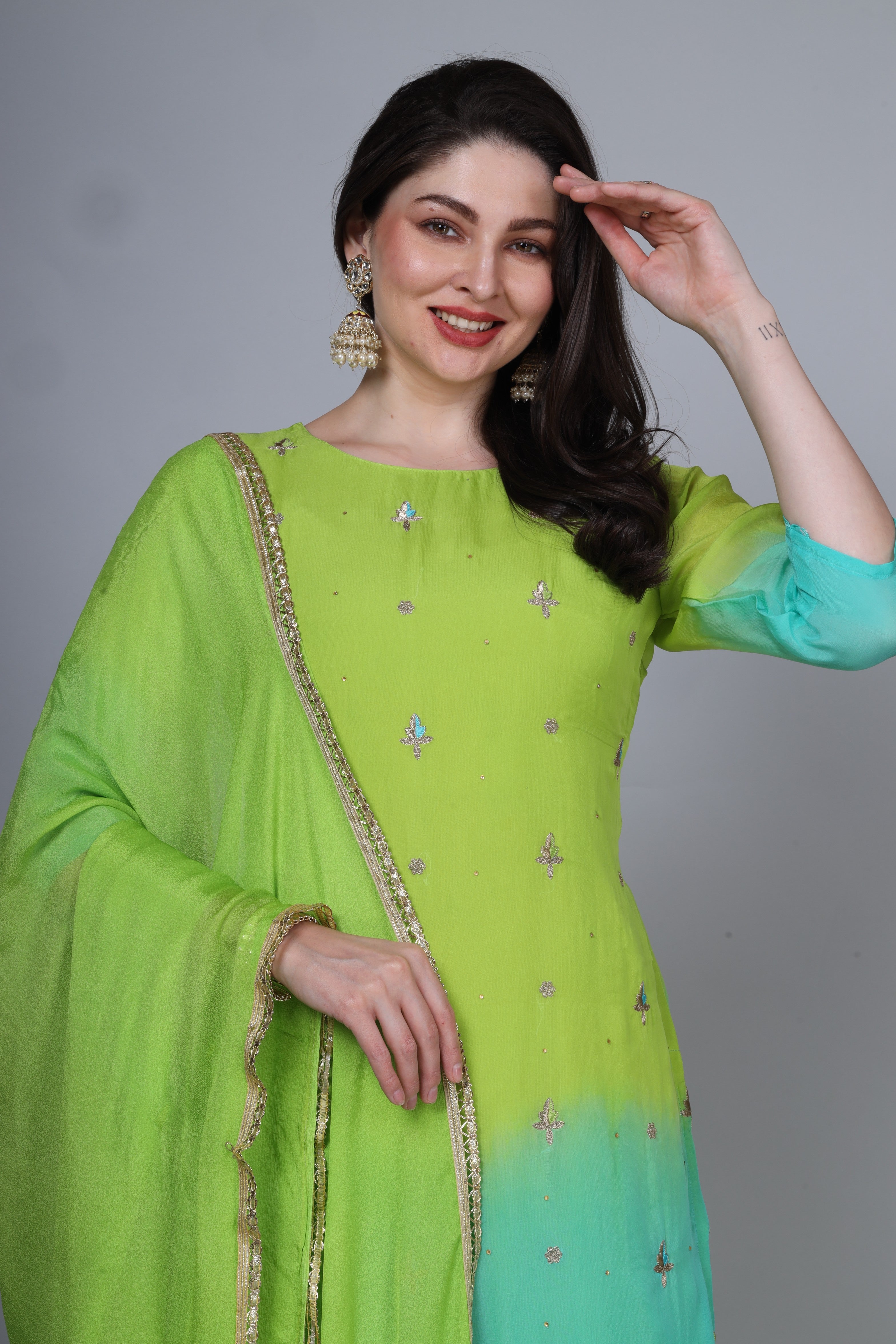 Organza dual tone handwork suit