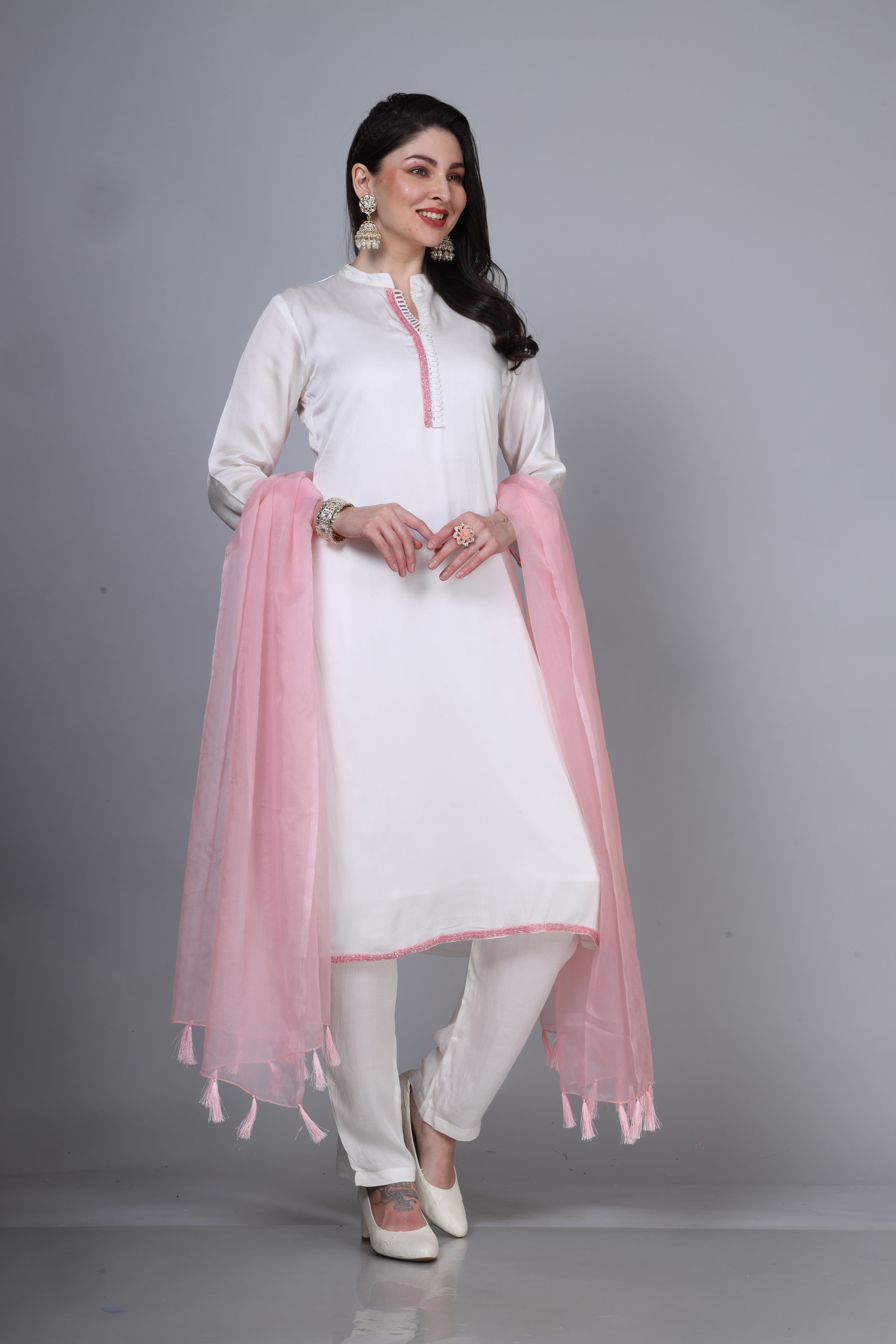 White & Pink Modal Satin 3 piece Suit set