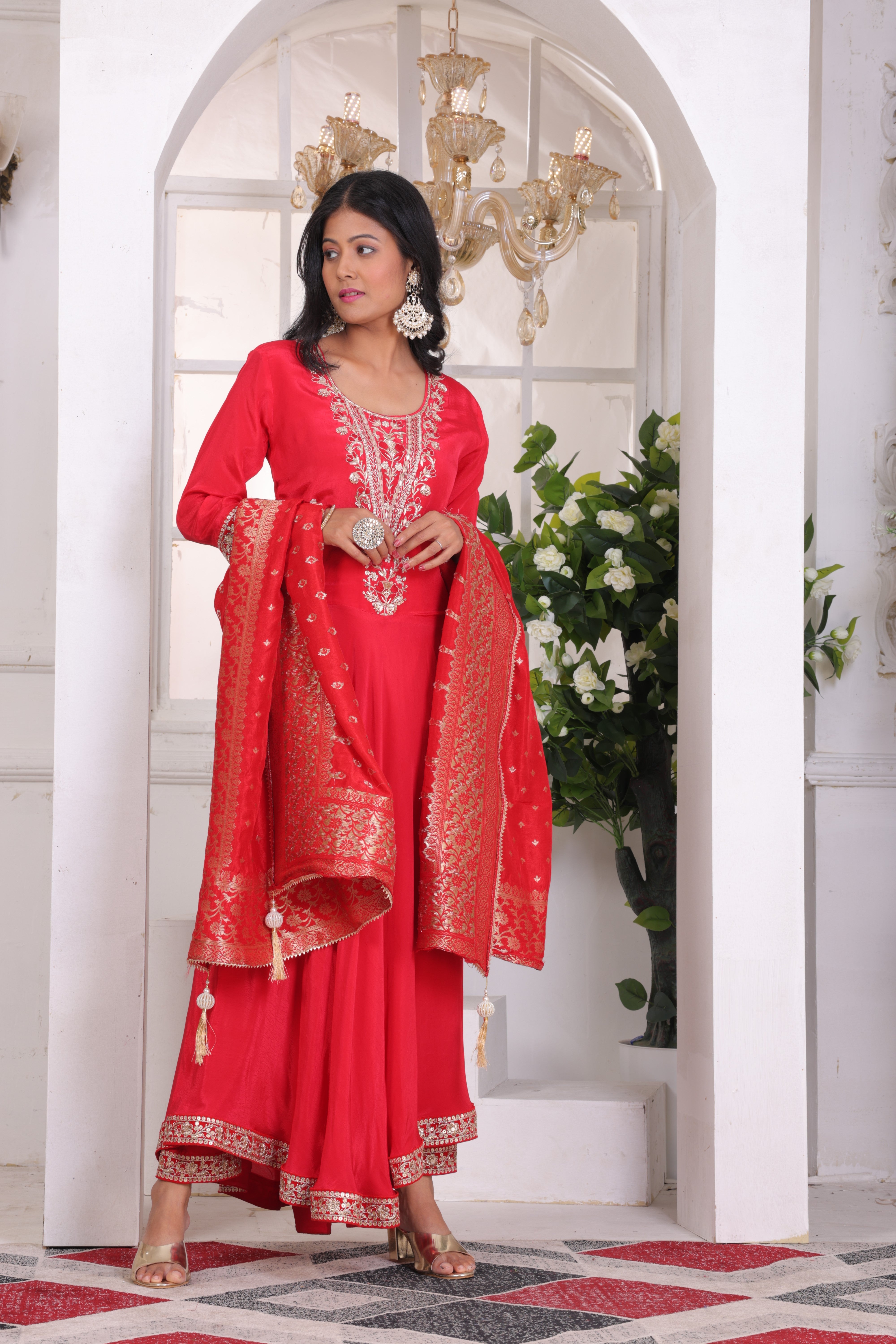 Red Asymmetric Crepe suit set with jacquard dupatta