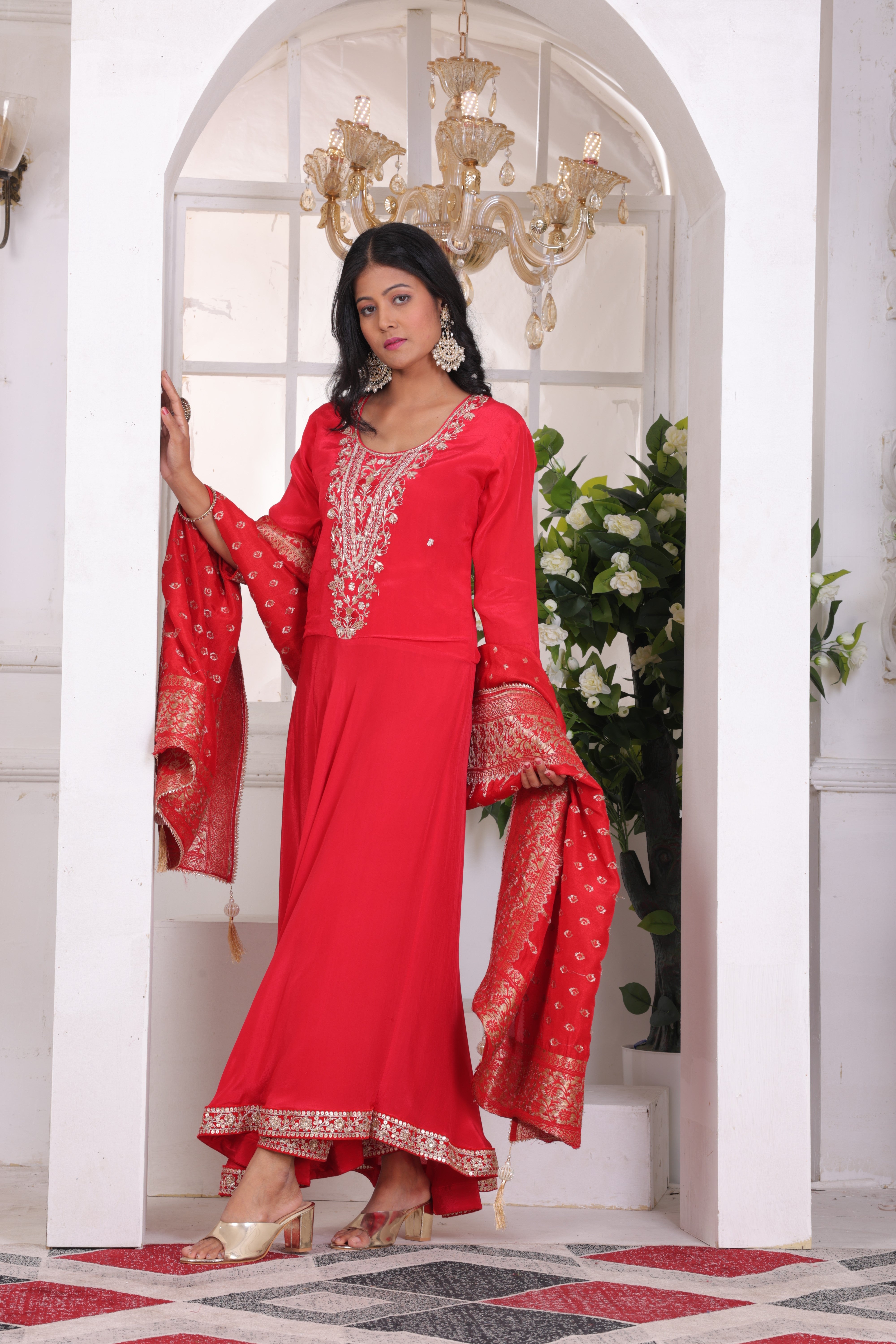 Red Asymmetric Crepe suit set with jacquard dupatta