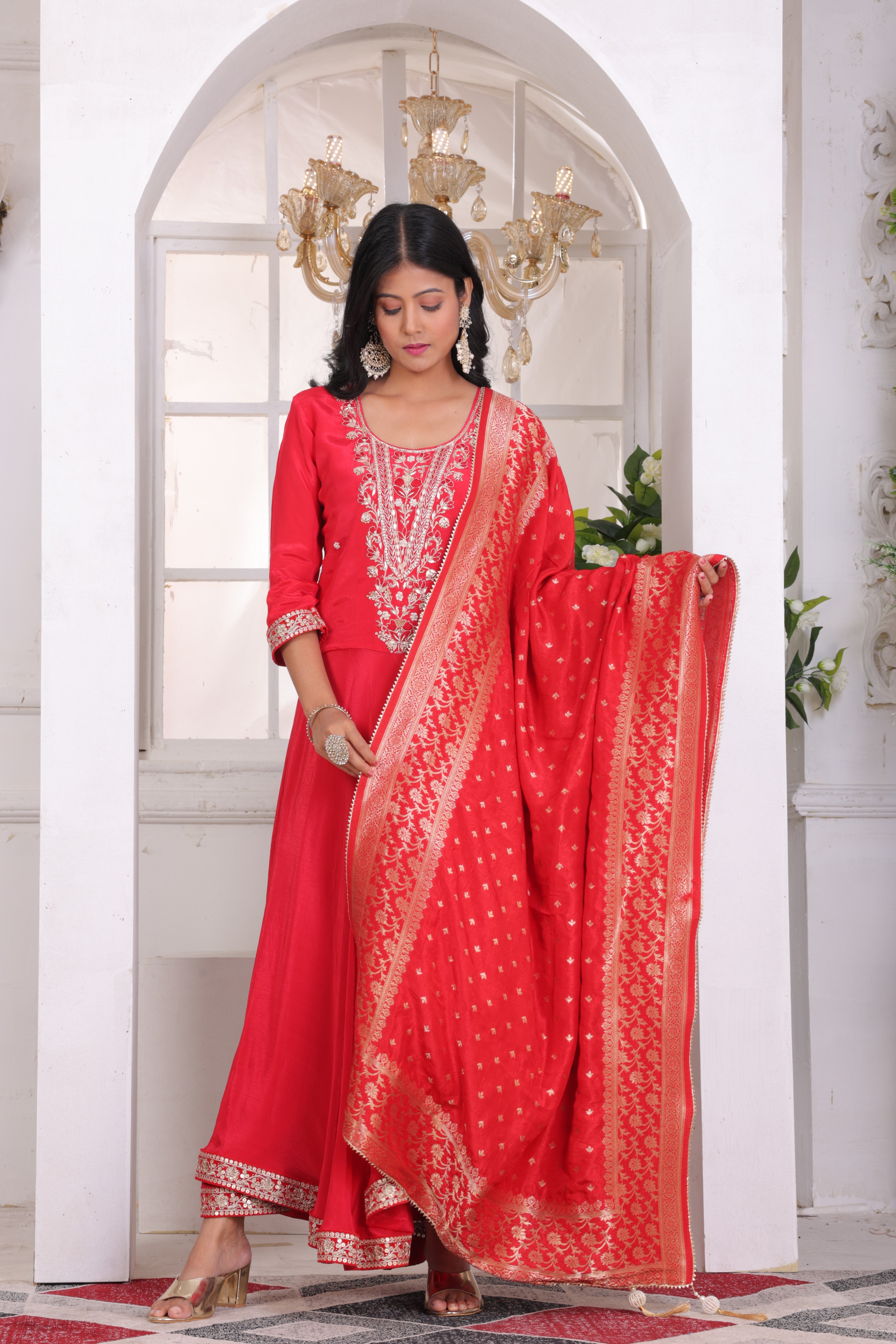 Red Asymmetric Crepe suit set with jacquard dupatta