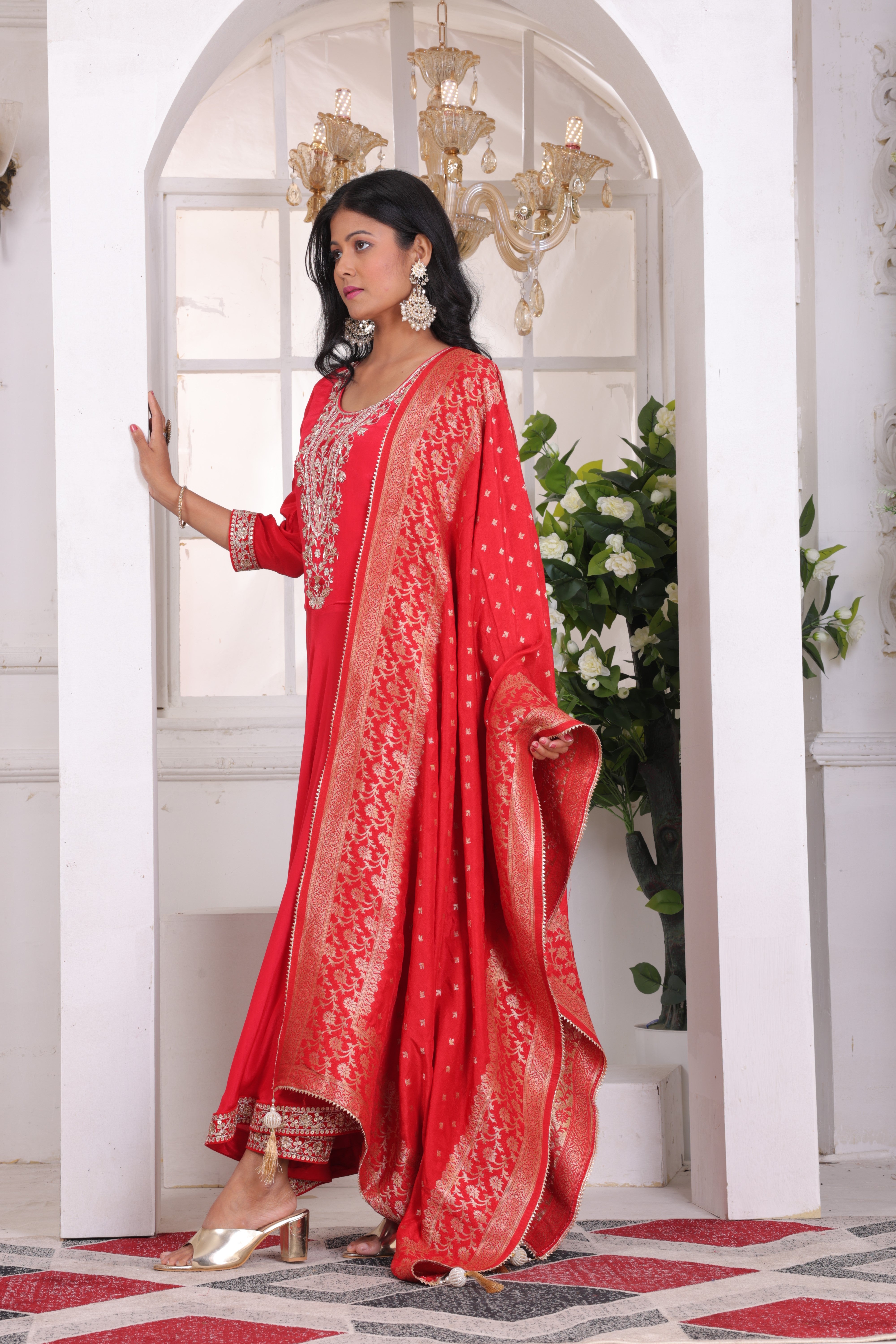 Red Asymmetric Crepe suit set with jacquard dupatta