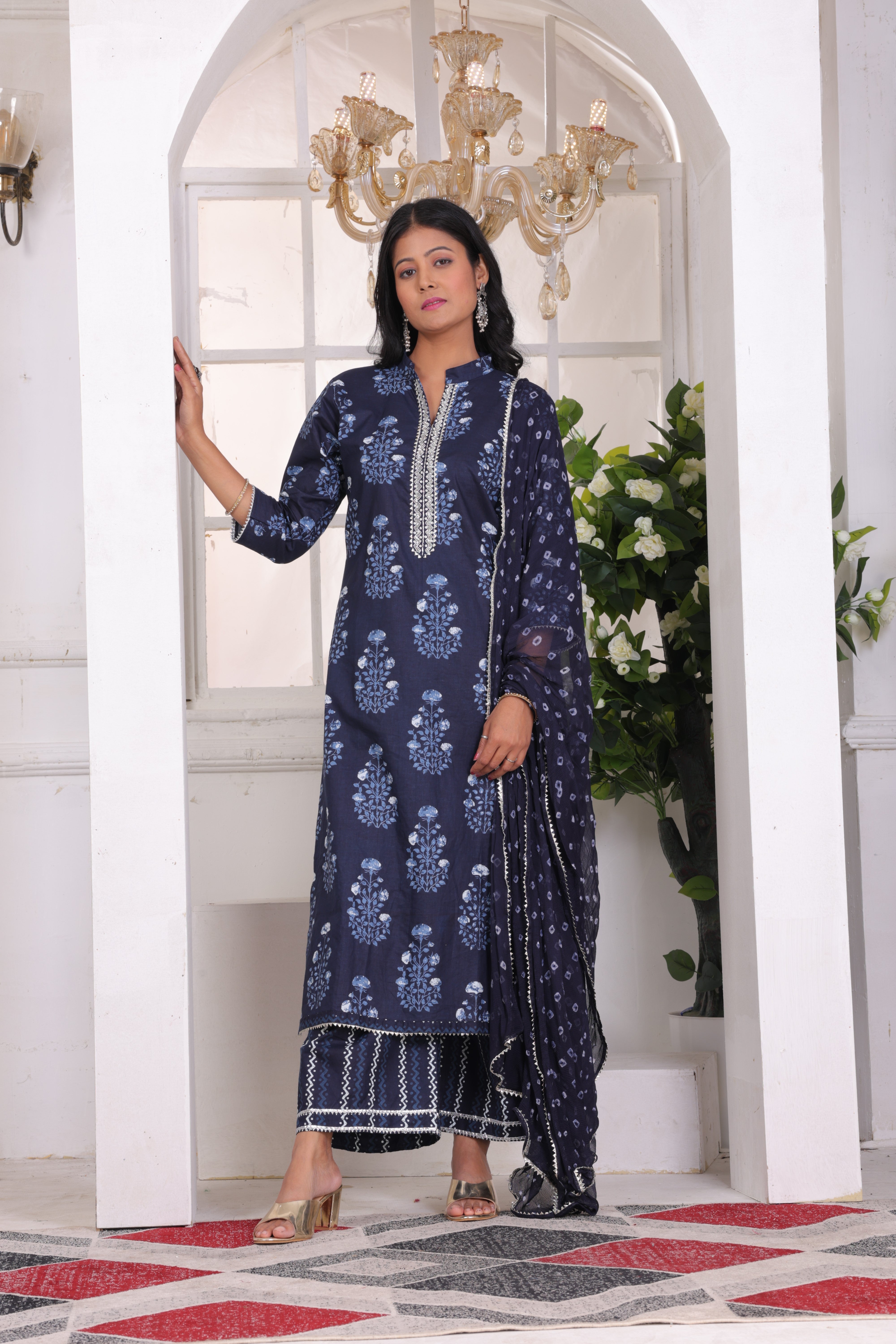Navy Blue Floral Embroidered Cotton Suit Set