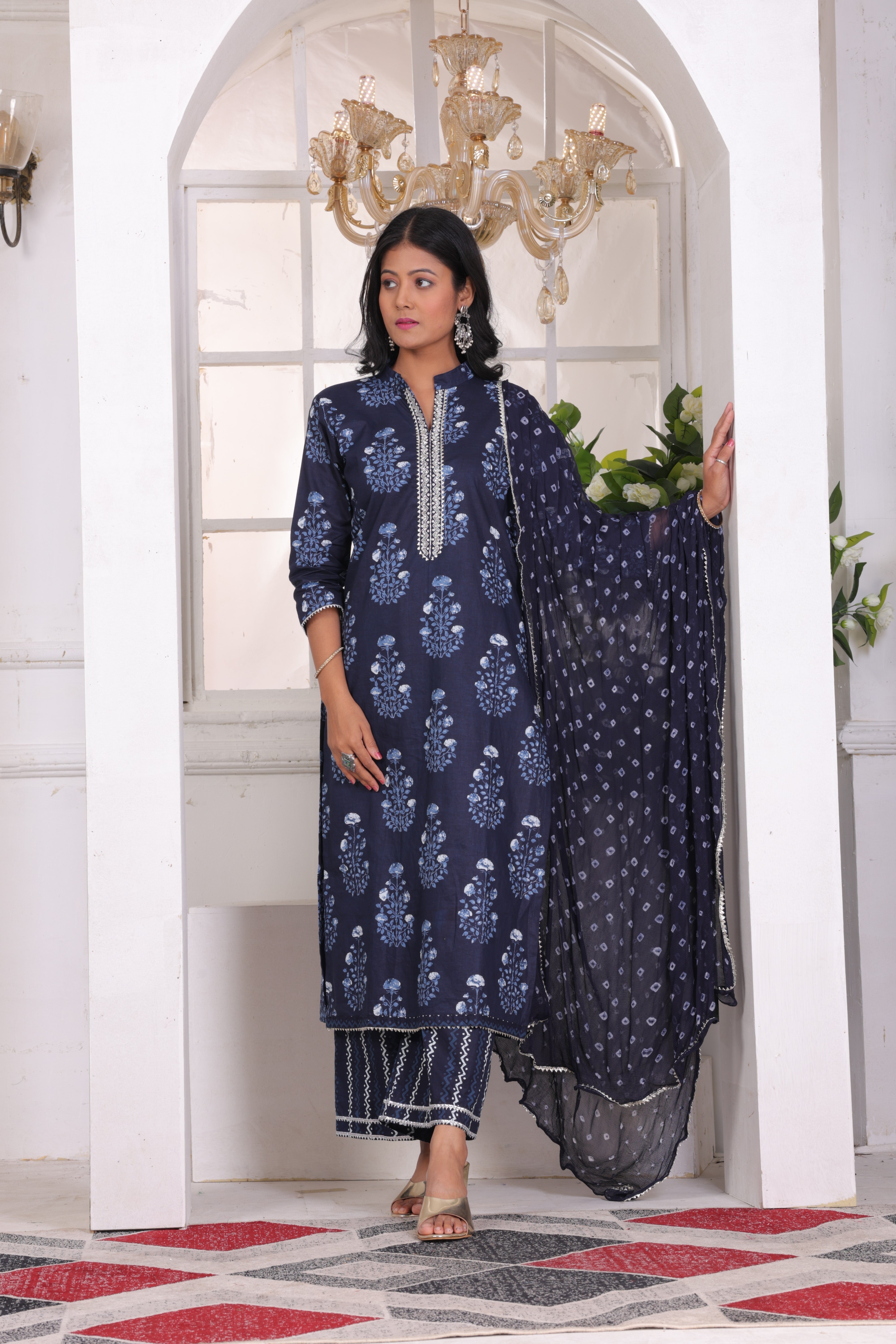 Navy Blue Floral Embroidered Cotton Suit Set