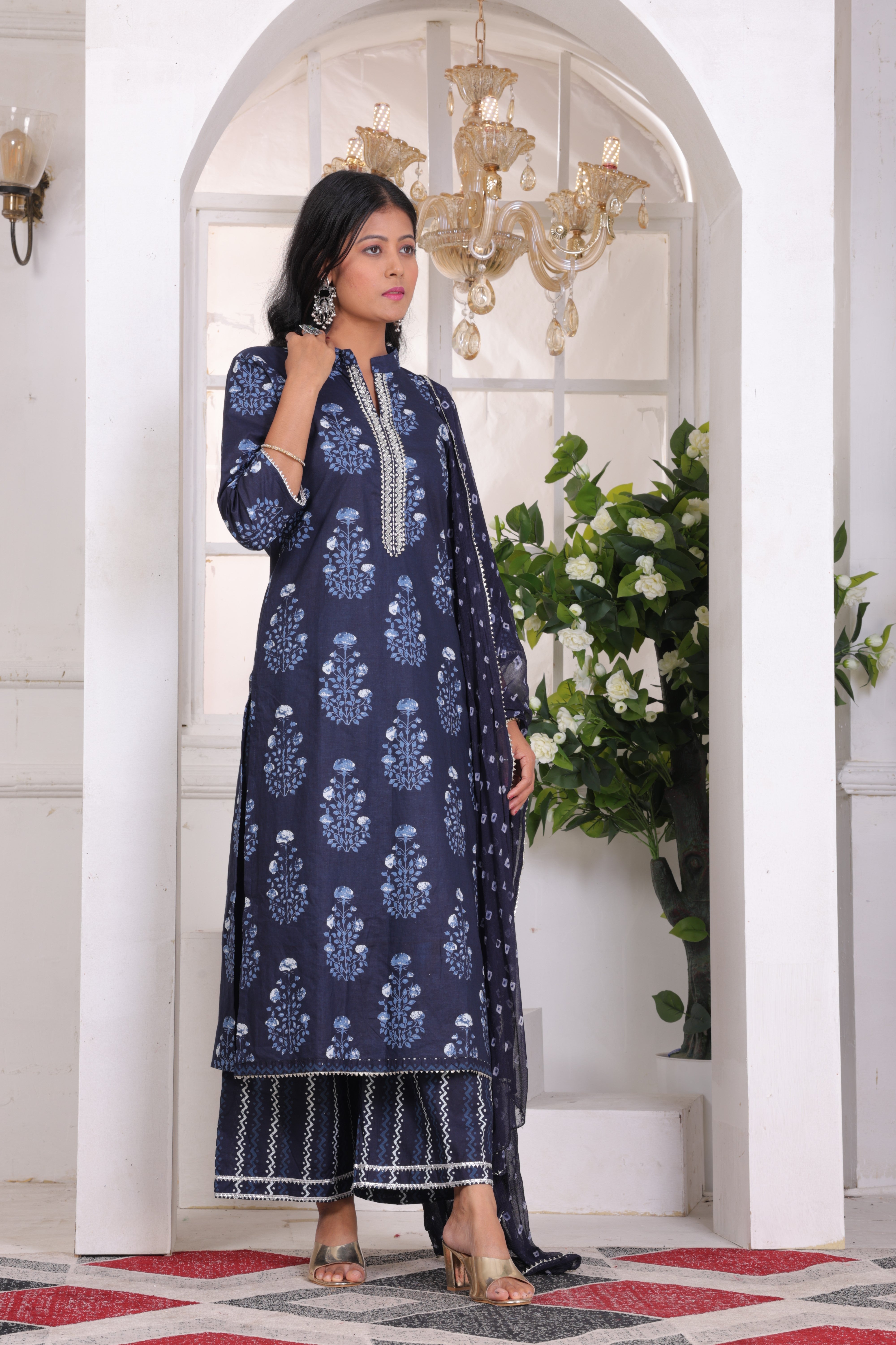 Navy Blue Floral Embroidered Cotton Suit Set
