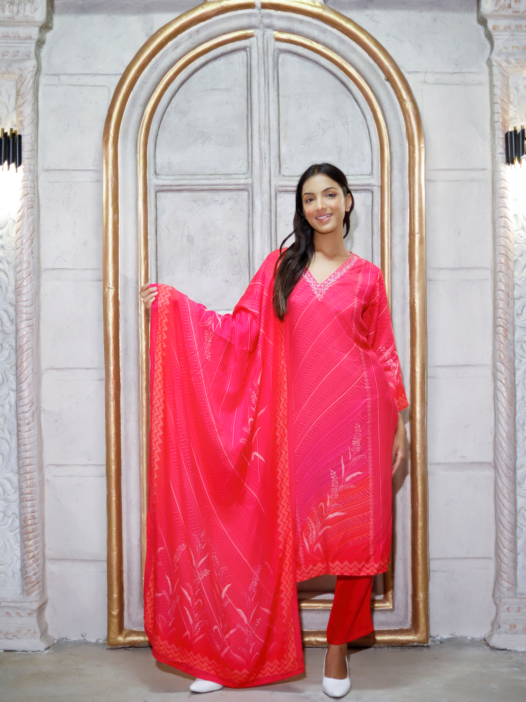 Pink 3 piece Muslin silk Suit set
