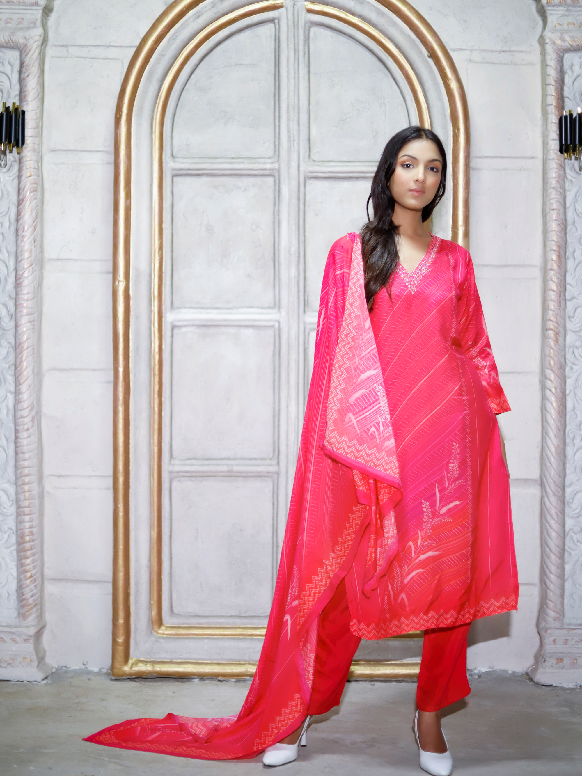 Pink 3 piece Muslin silk Suit set