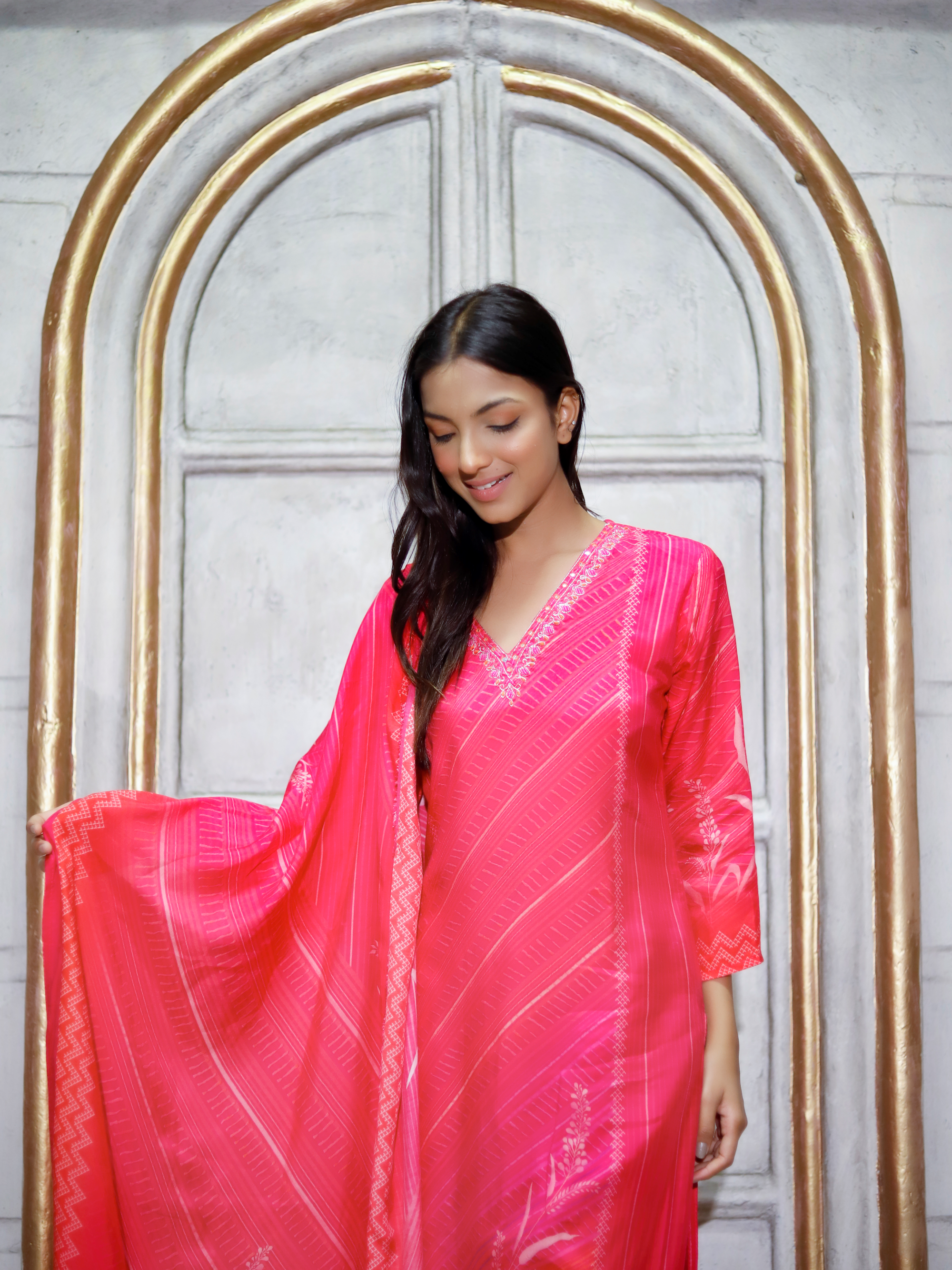 Pink 3 piece Muslin silk Suit set