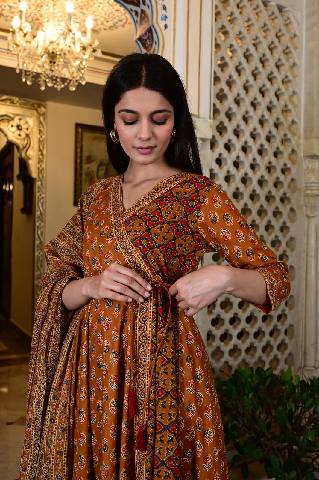 Jaipuri print Angrakha style 3 piece suit set