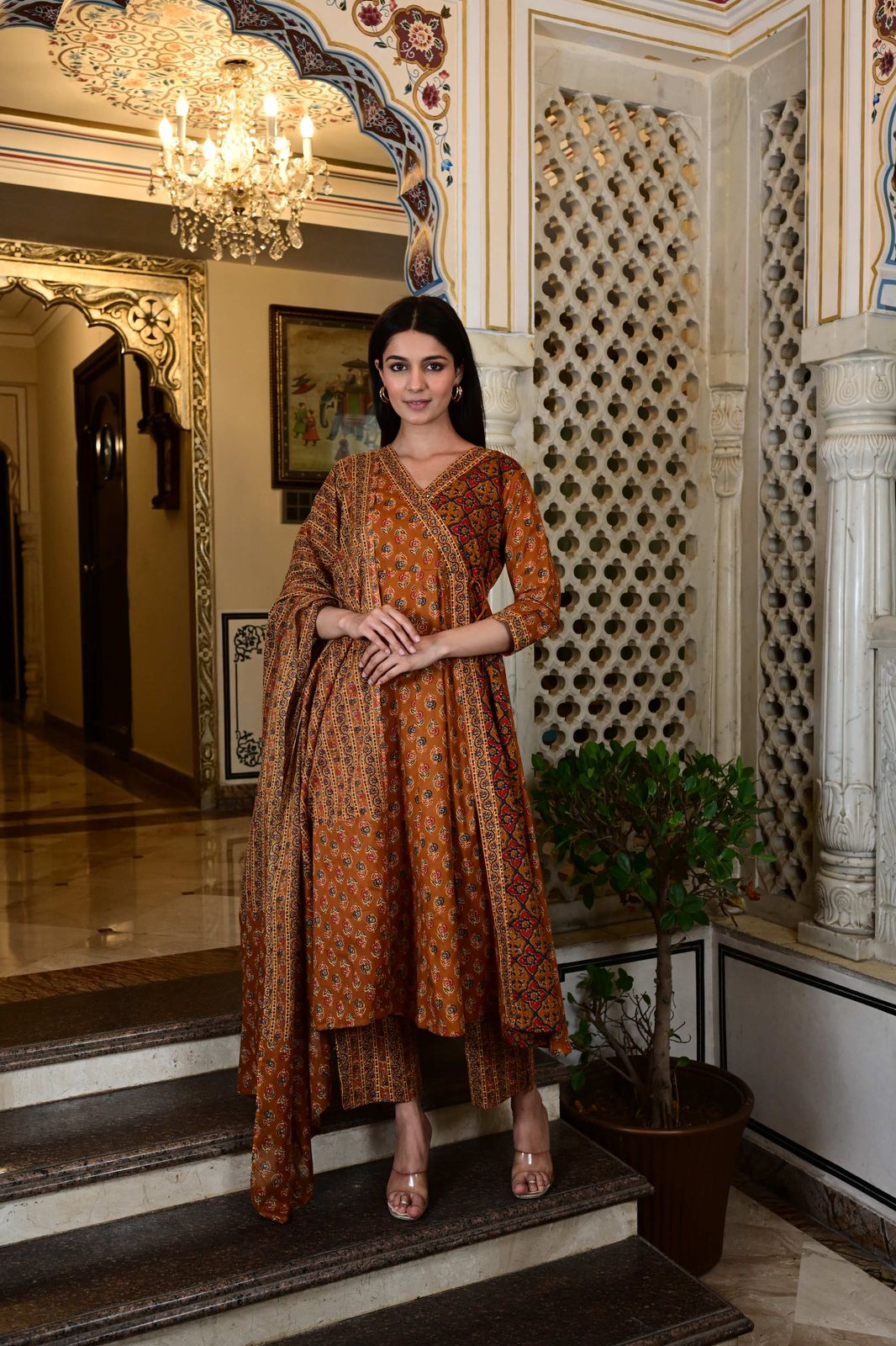 Jaipuri print Angrakha style 3 piece suit set