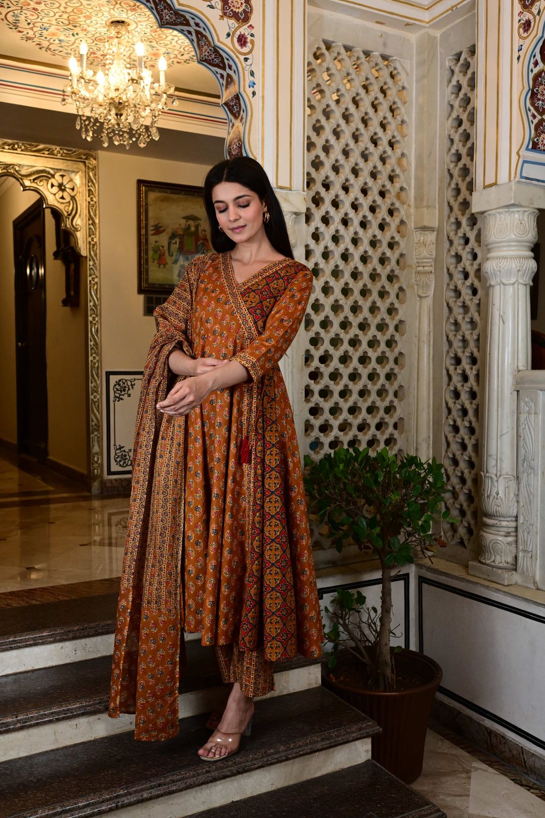 Jaipuri print Angrakha style 3 piece suit set