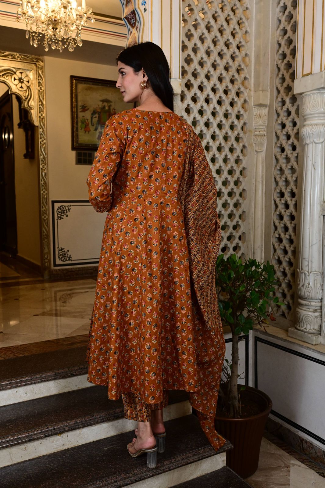 Jaipuri print Angrakha style 3 piece suit set