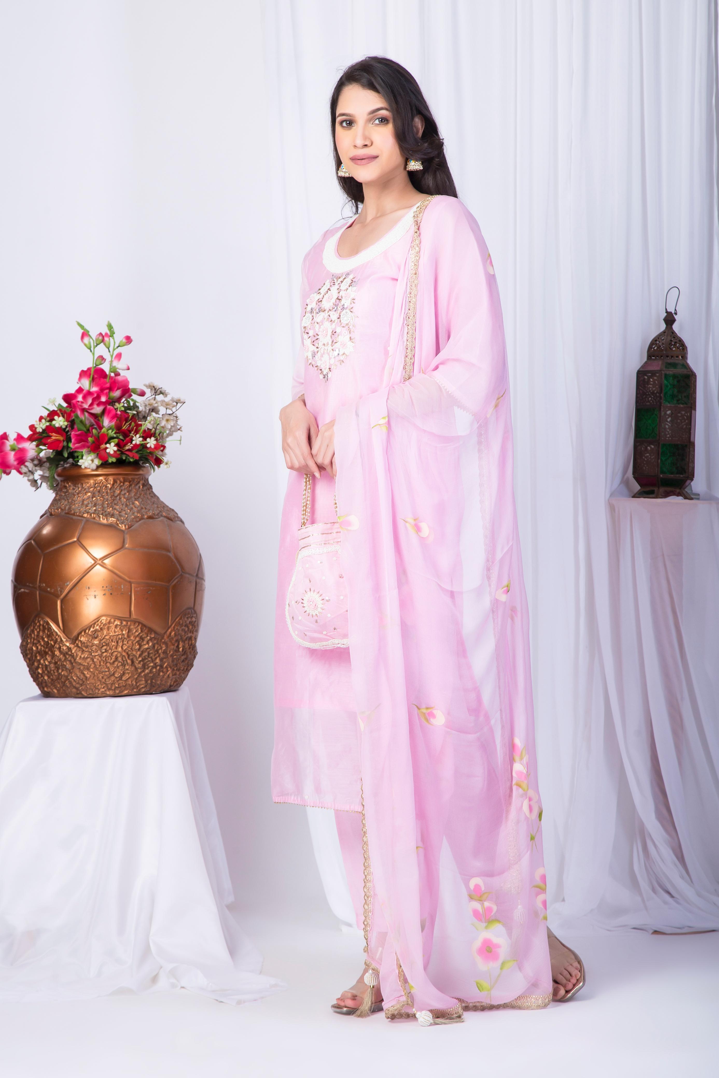 Pink Chanderi silk Suit set with pure chiffon dupatta