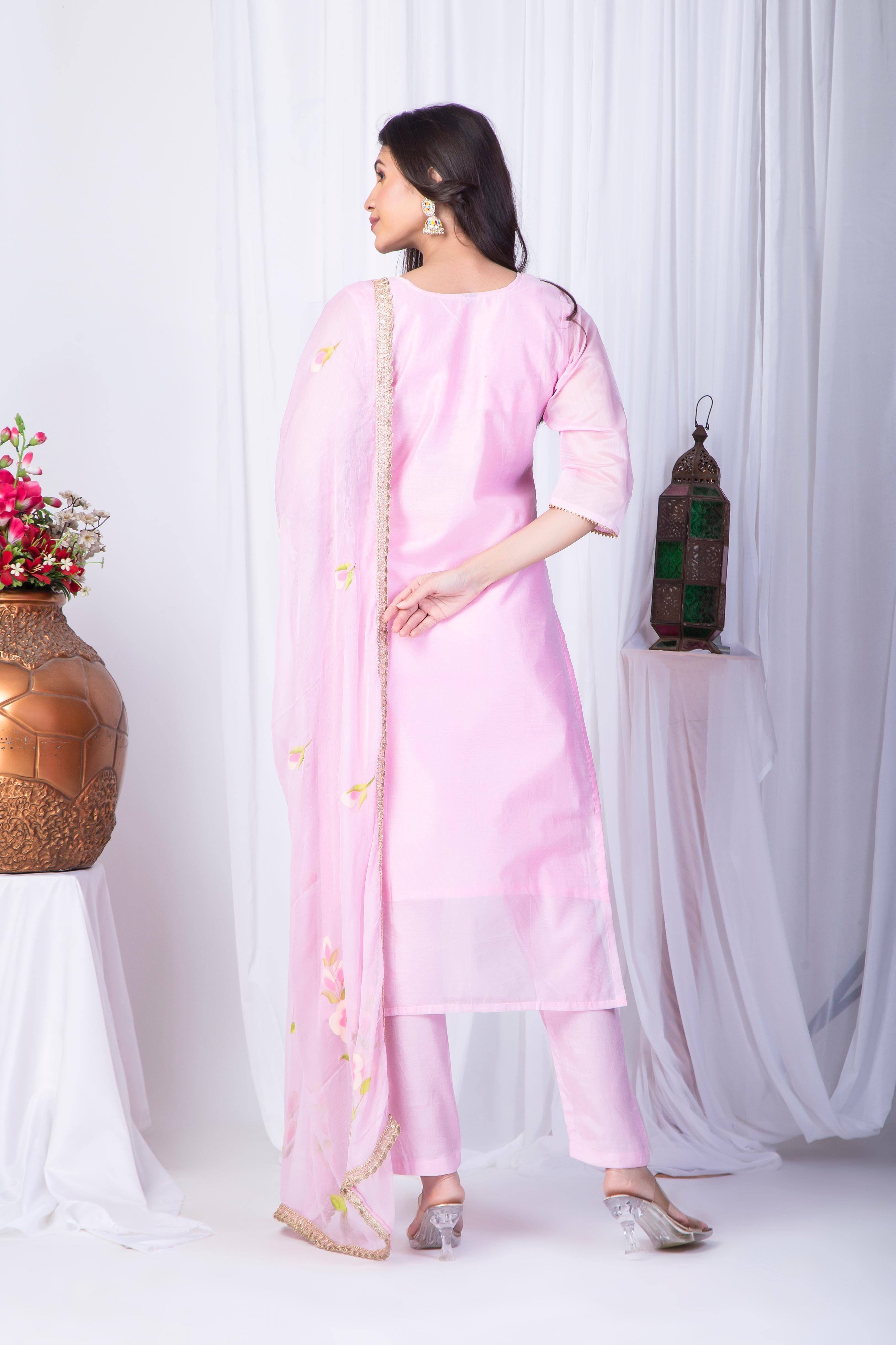 Pink Chanderi silk Suit set with pure chiffon dupatta