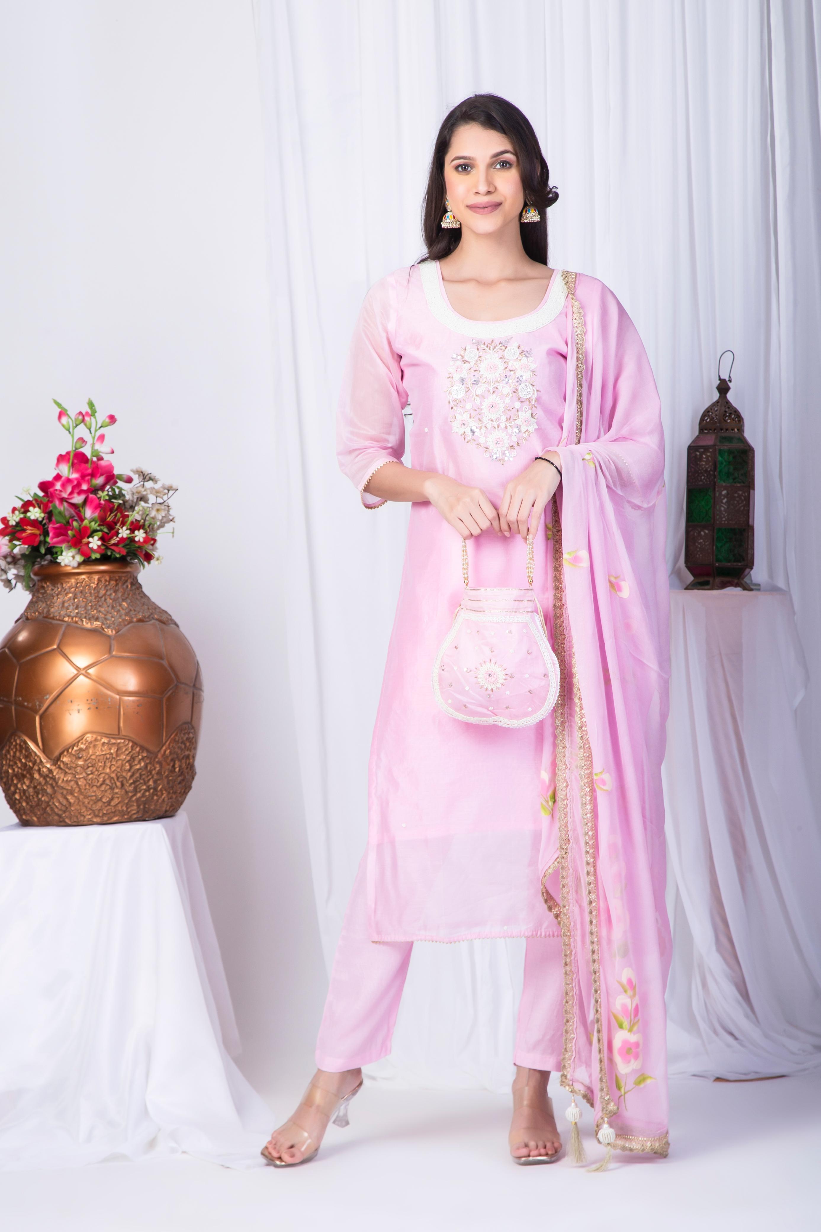 Pink Chanderi silk Suit set with pure chiffon dupatta