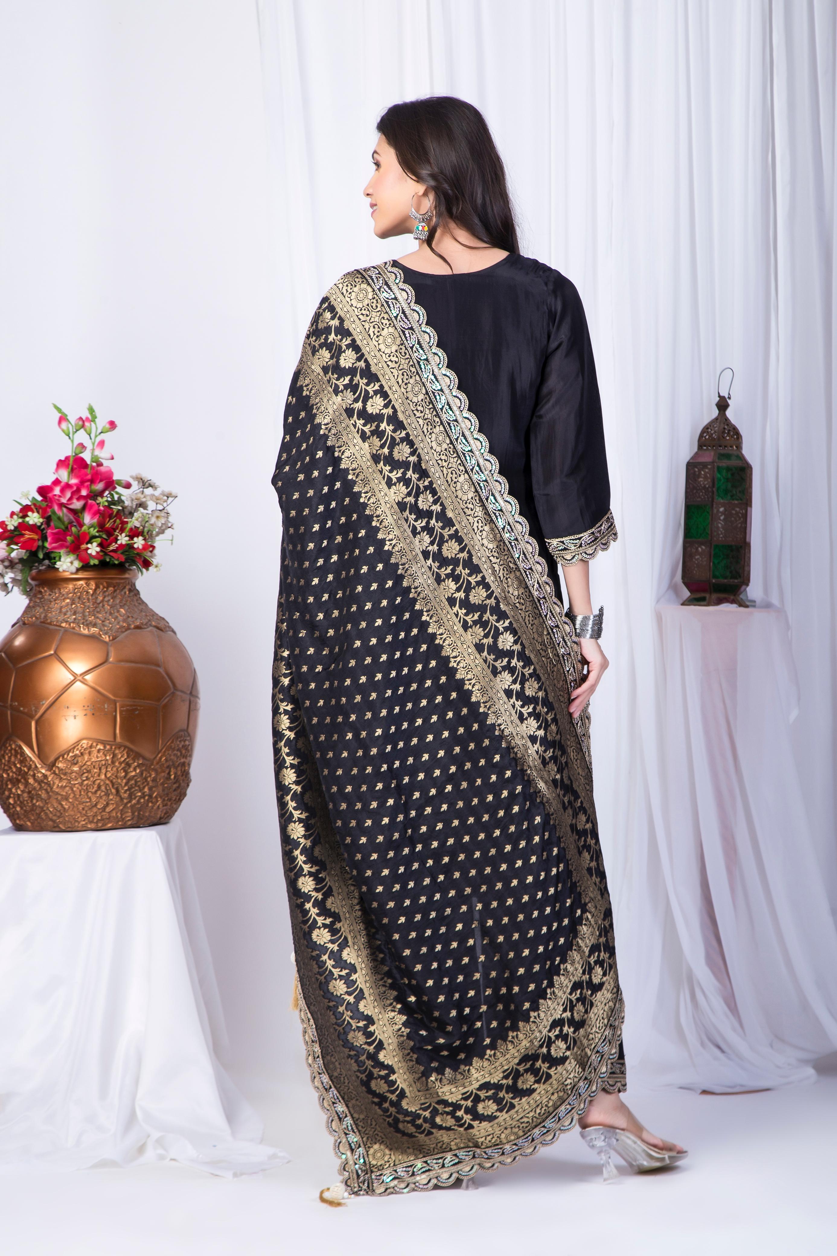 Black Pure crepe silk Suit set with Zardosi work