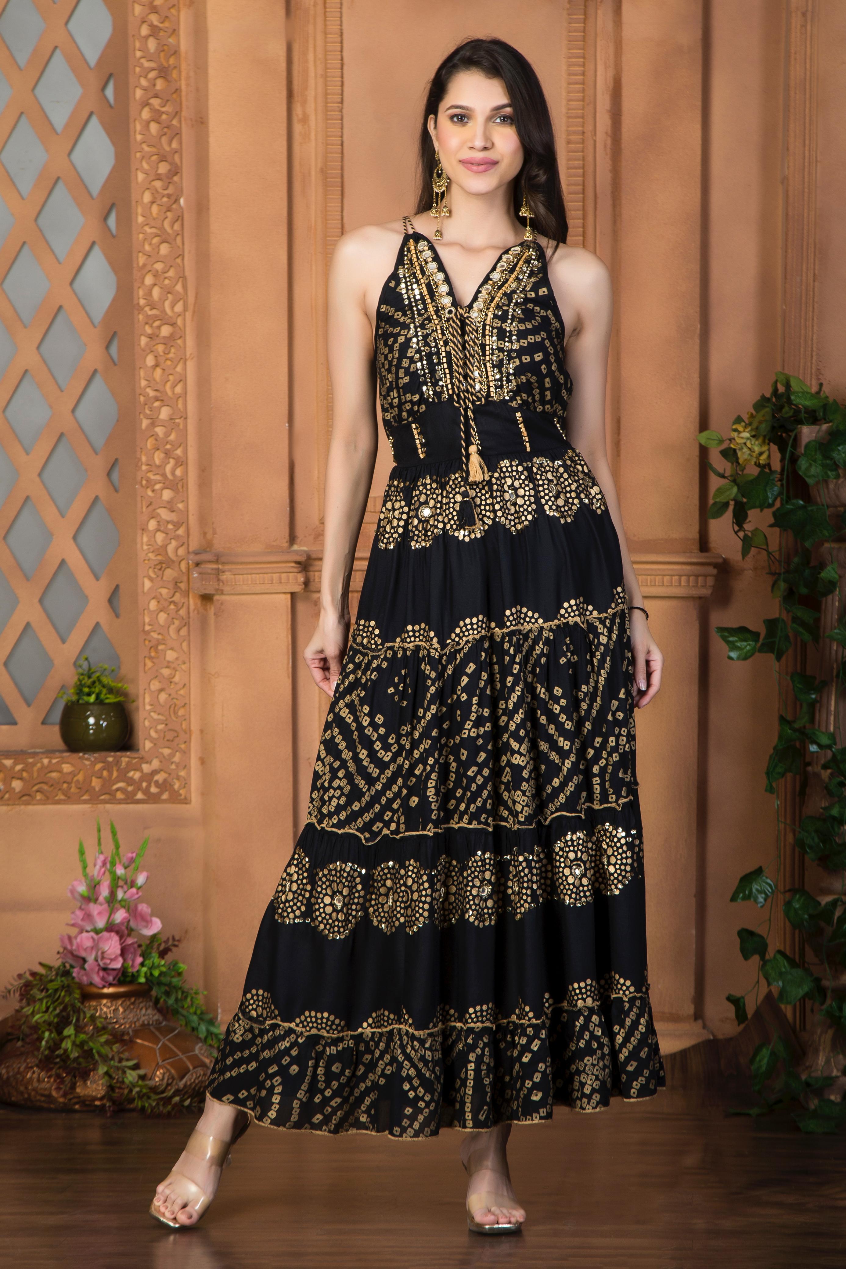 Black halter neck bandhani printed maxi dress