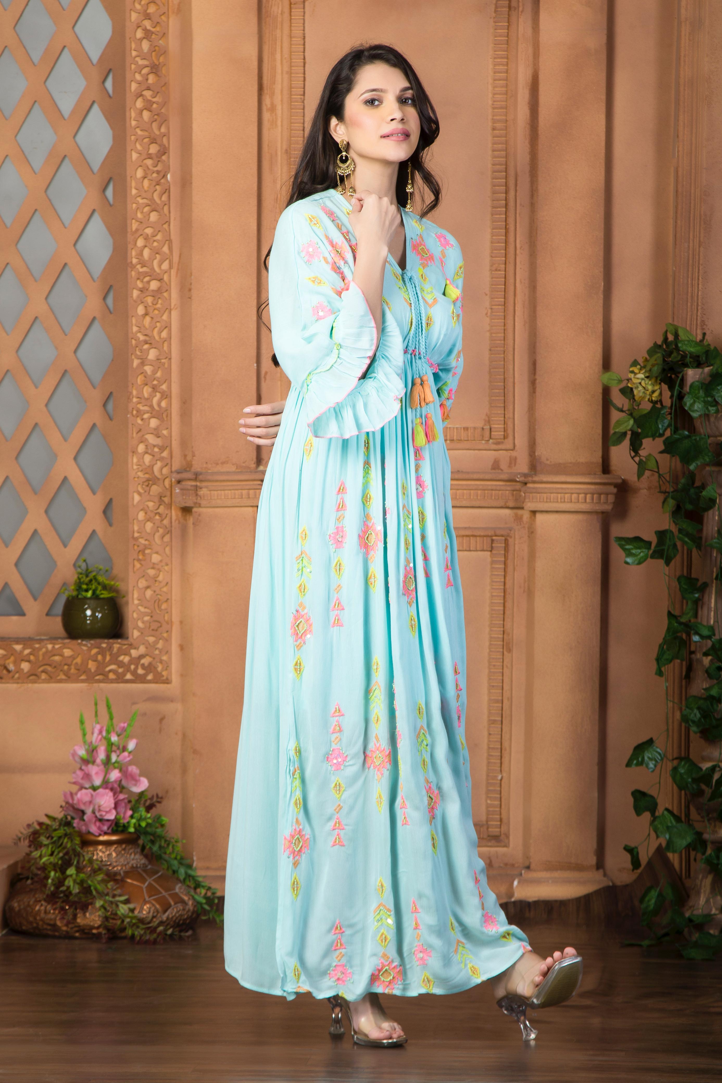 Aqua Blue Floral embroidered Cotton Maxi Dress