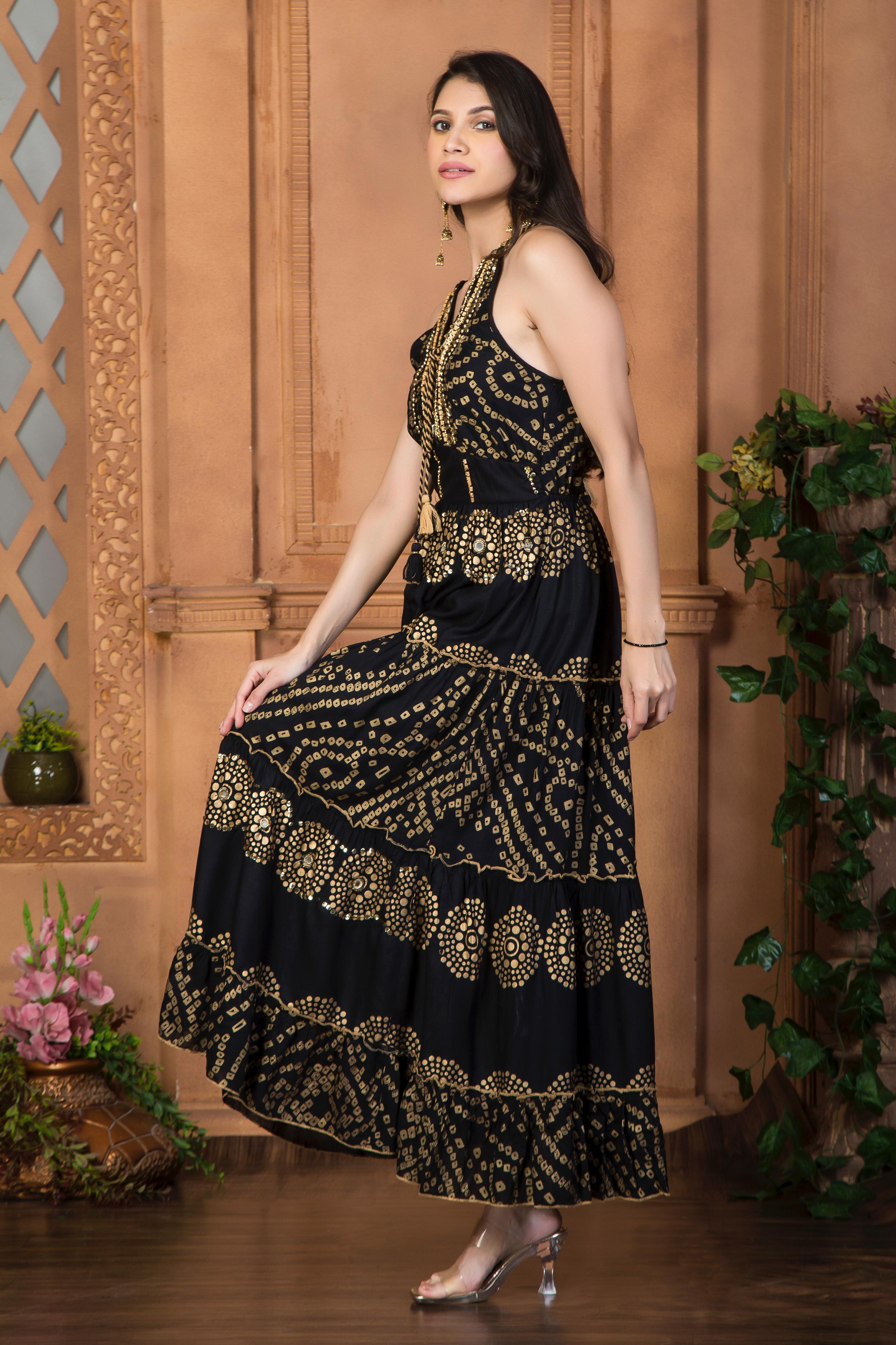 Black halter neck bandhani printed maxi dress