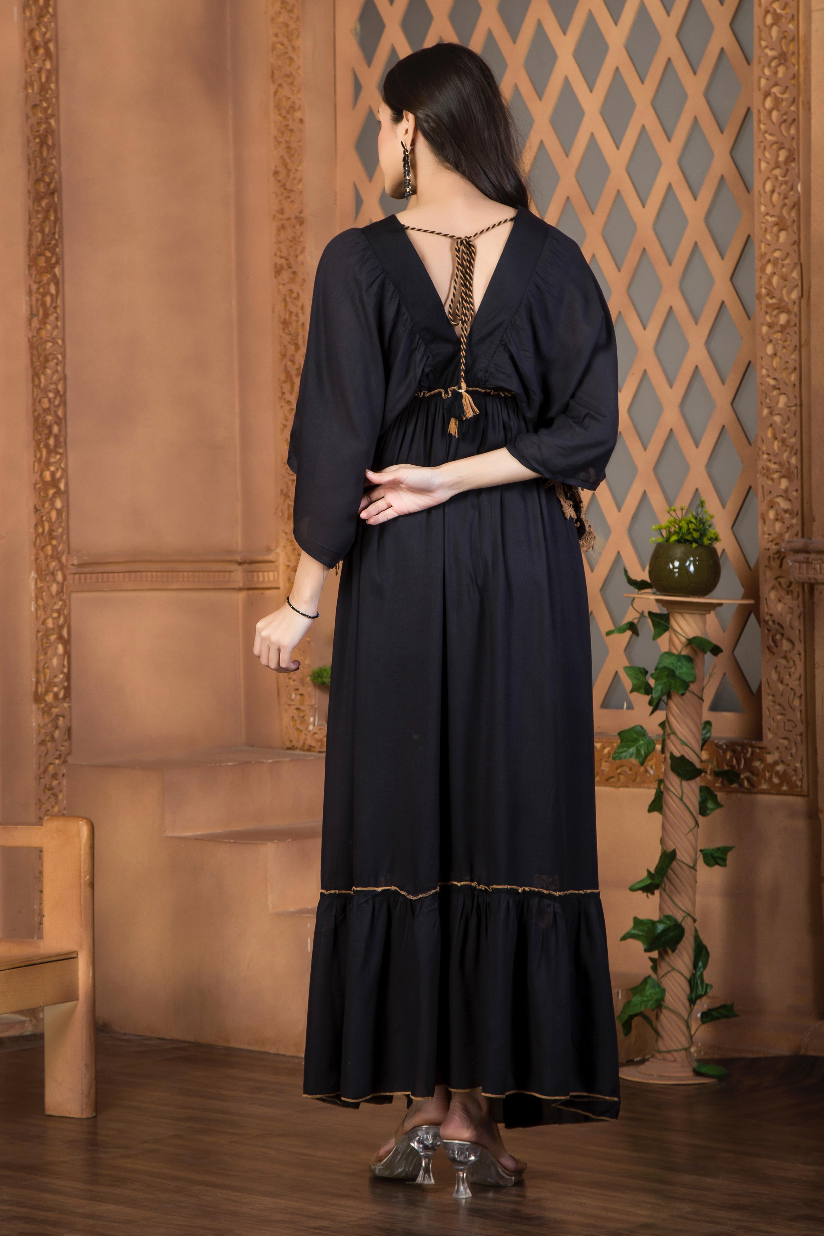 Cotton Black Dress with mirror work neckline & Bell Sleeves