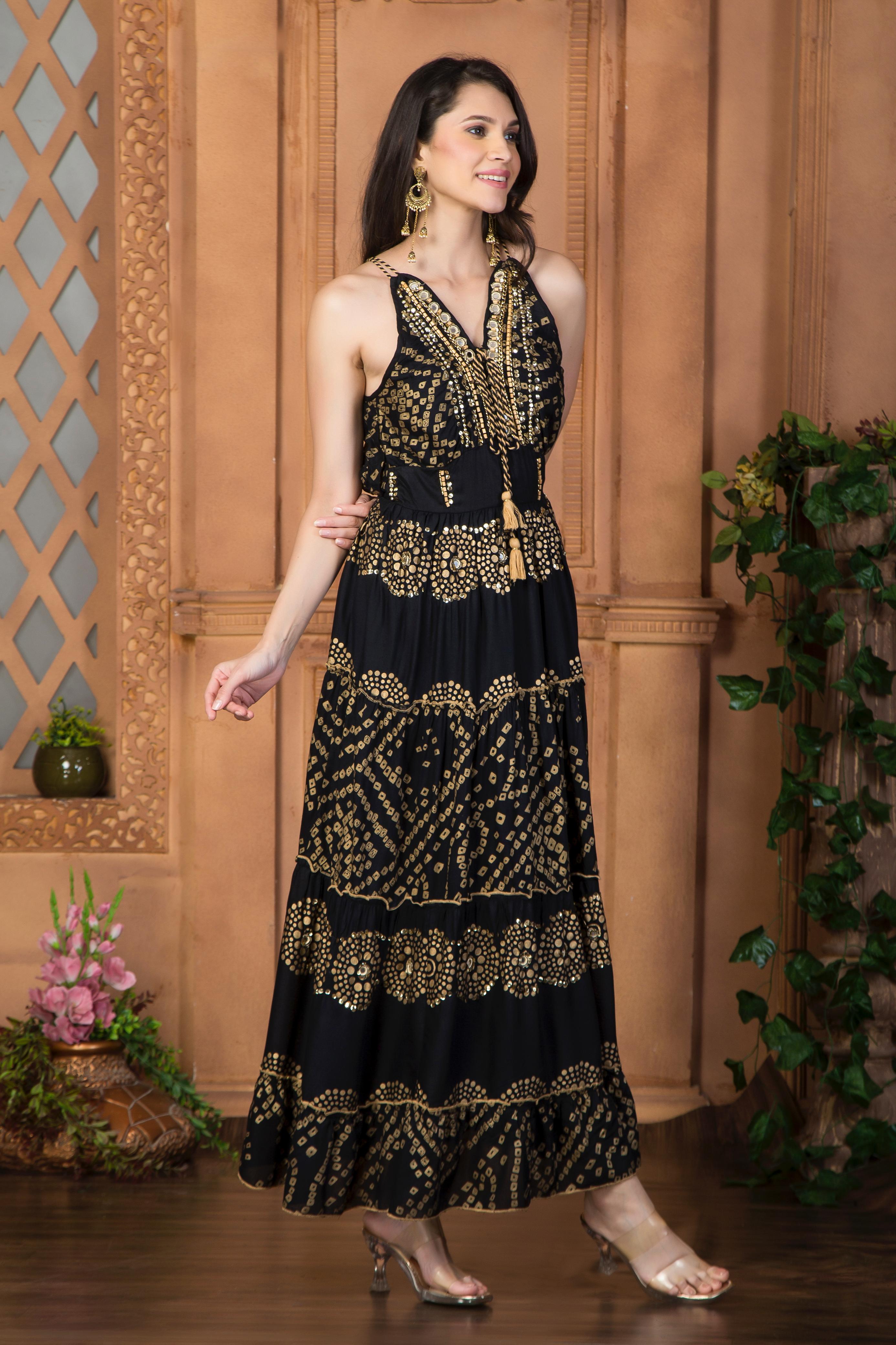 Black halter neck bandhani printed maxi dress
