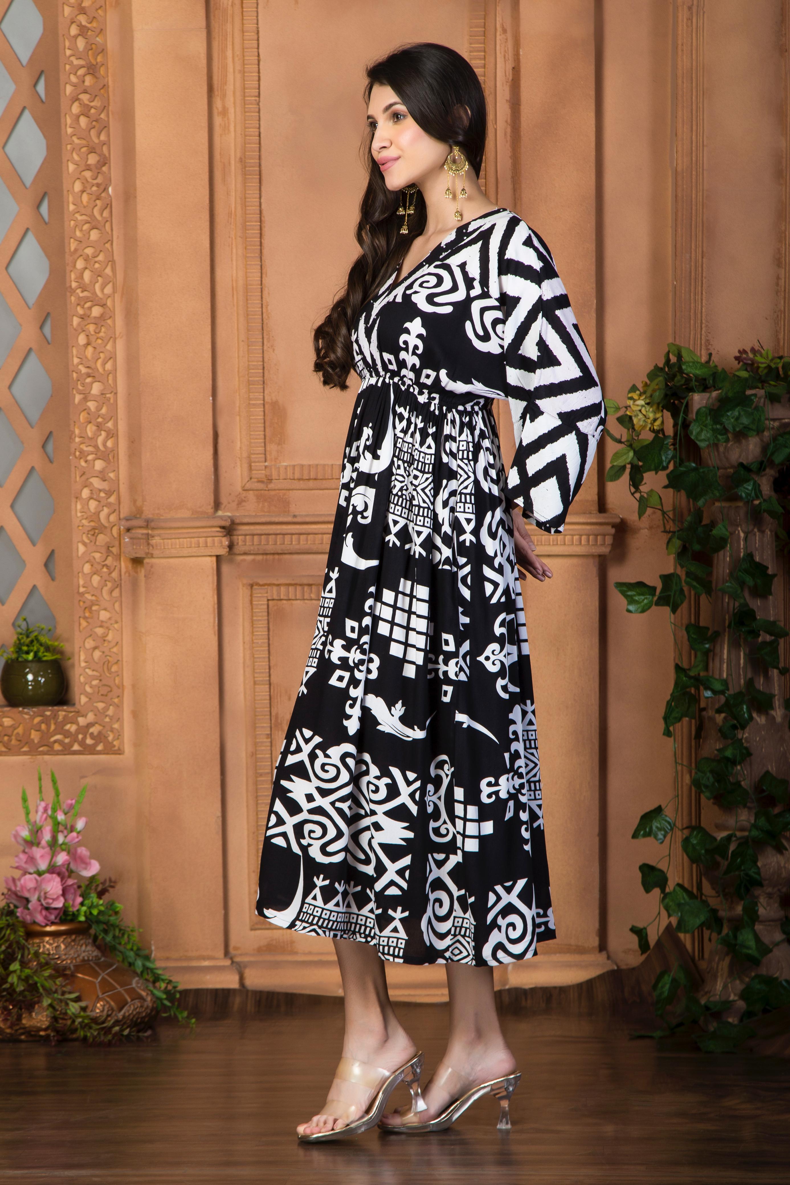 Black and White Graphic Print Cotton Midi Dress