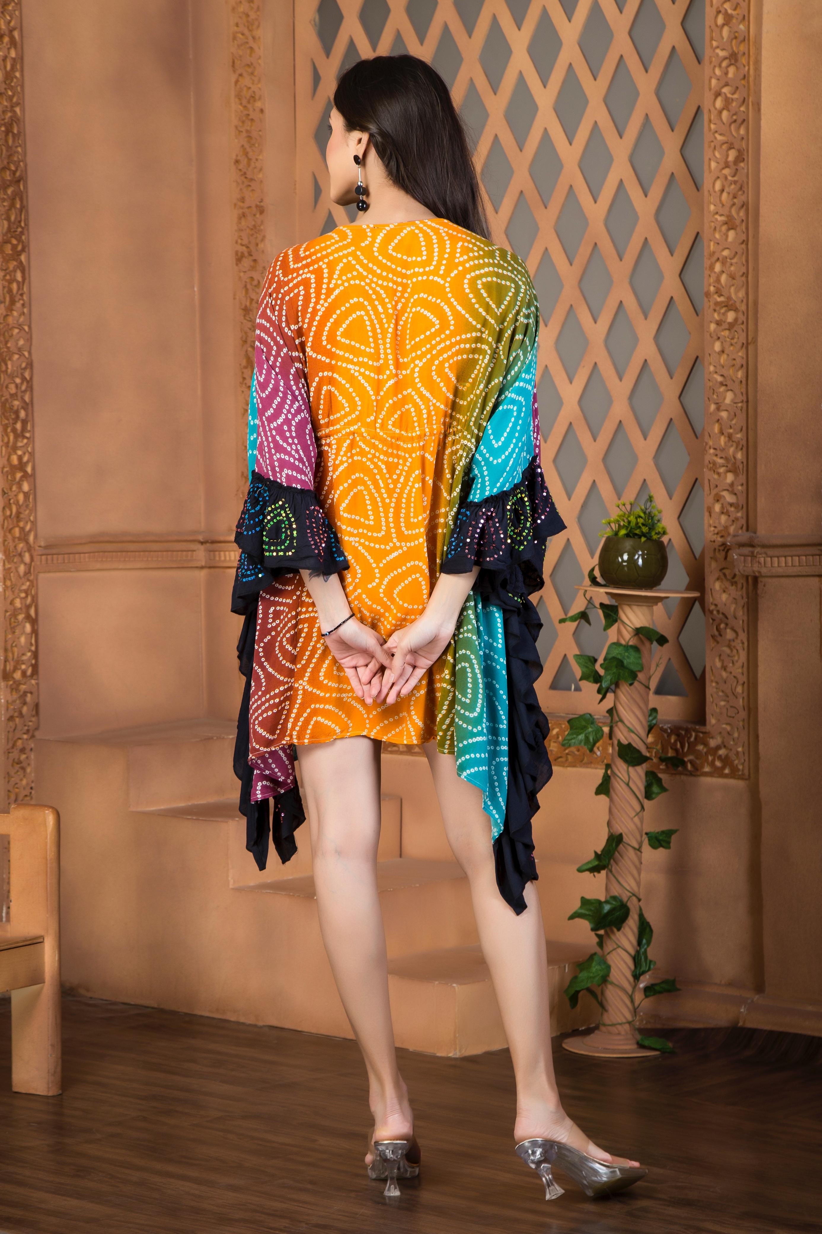 Multicolor Kaftan Dress with Embellished Neckline and Bell Sleeves