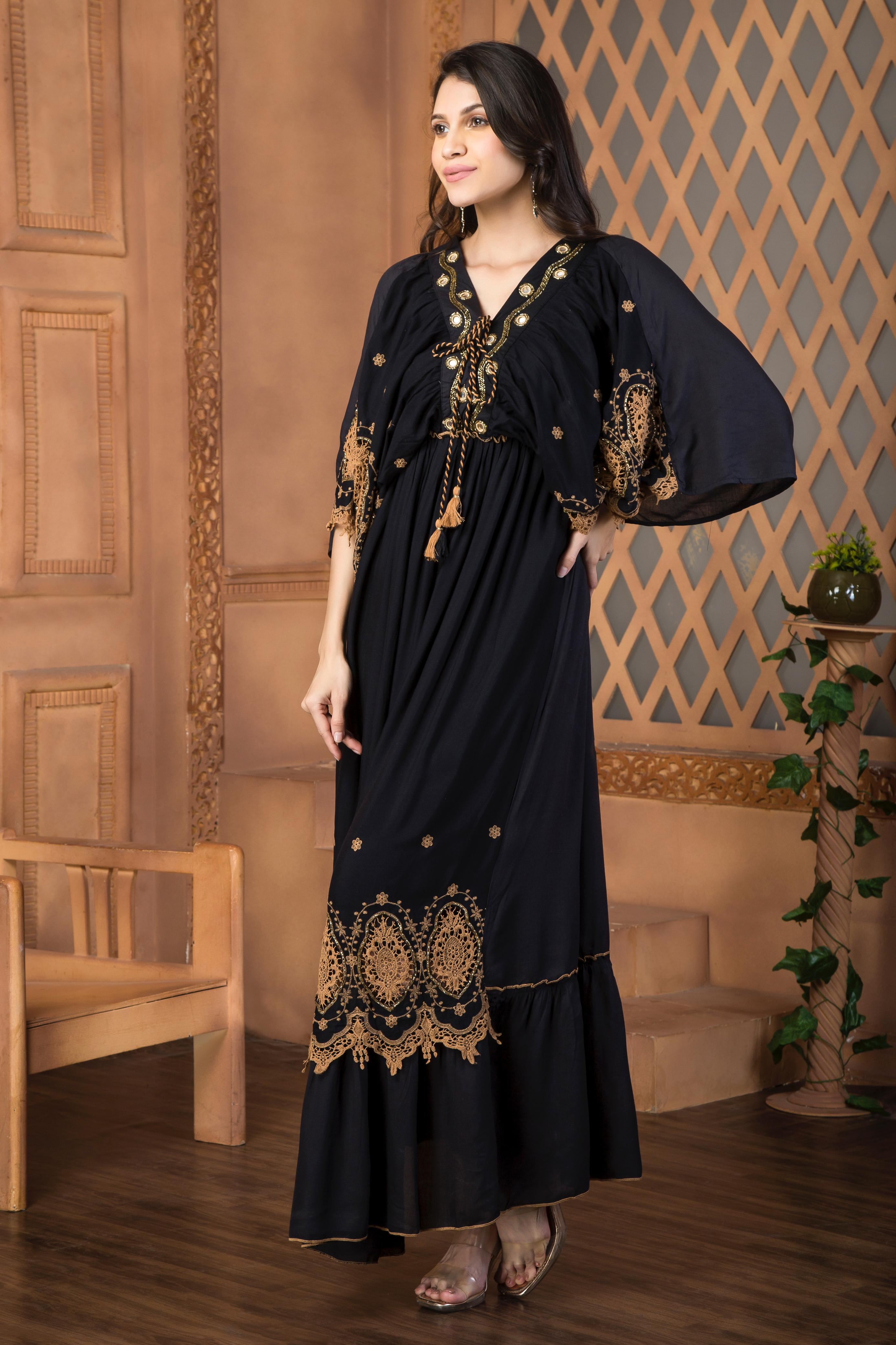 Cotton Black Dress with mirror work neckline & Bell Sleeves