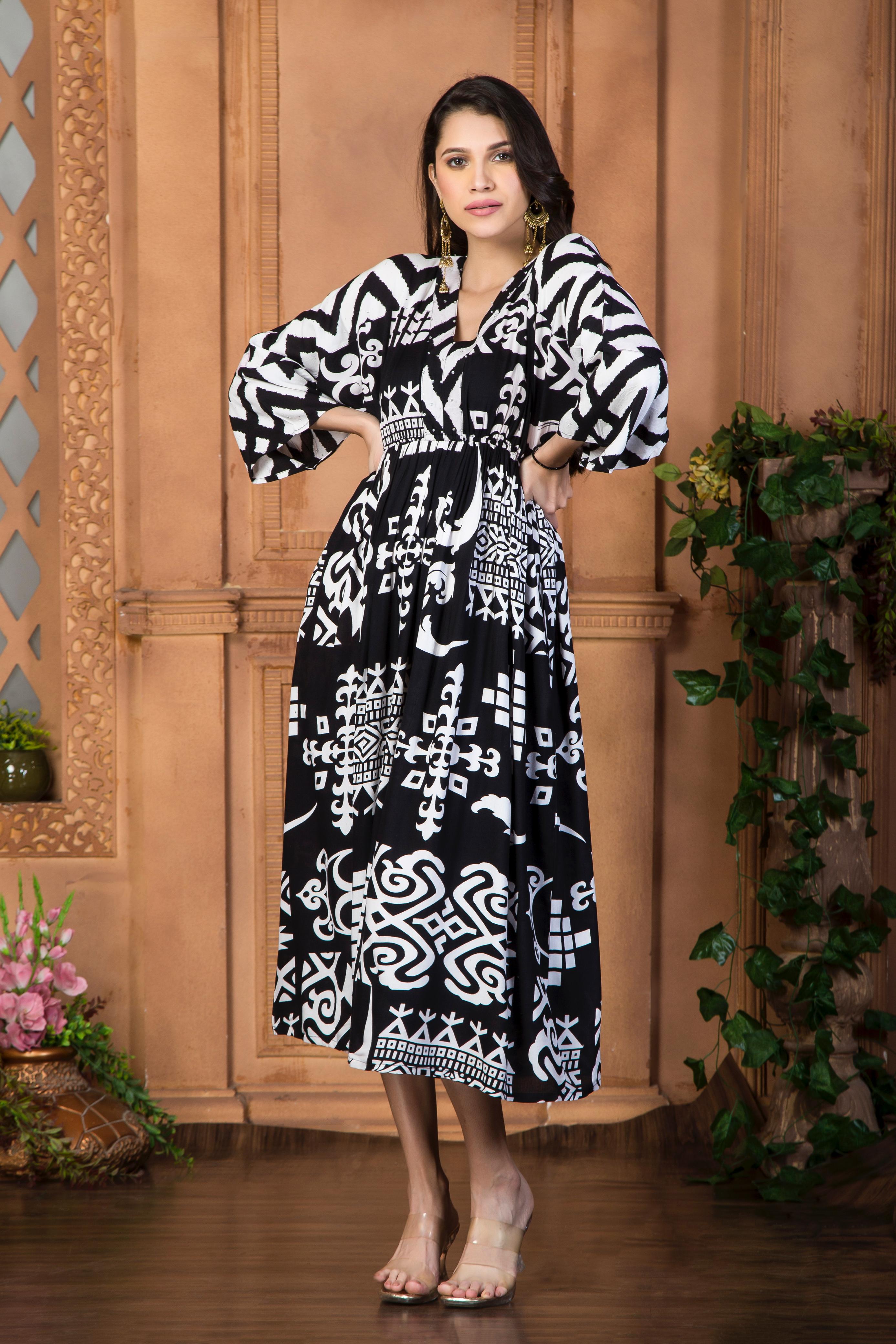 Black and White Graphic Print Cotton Midi Dress