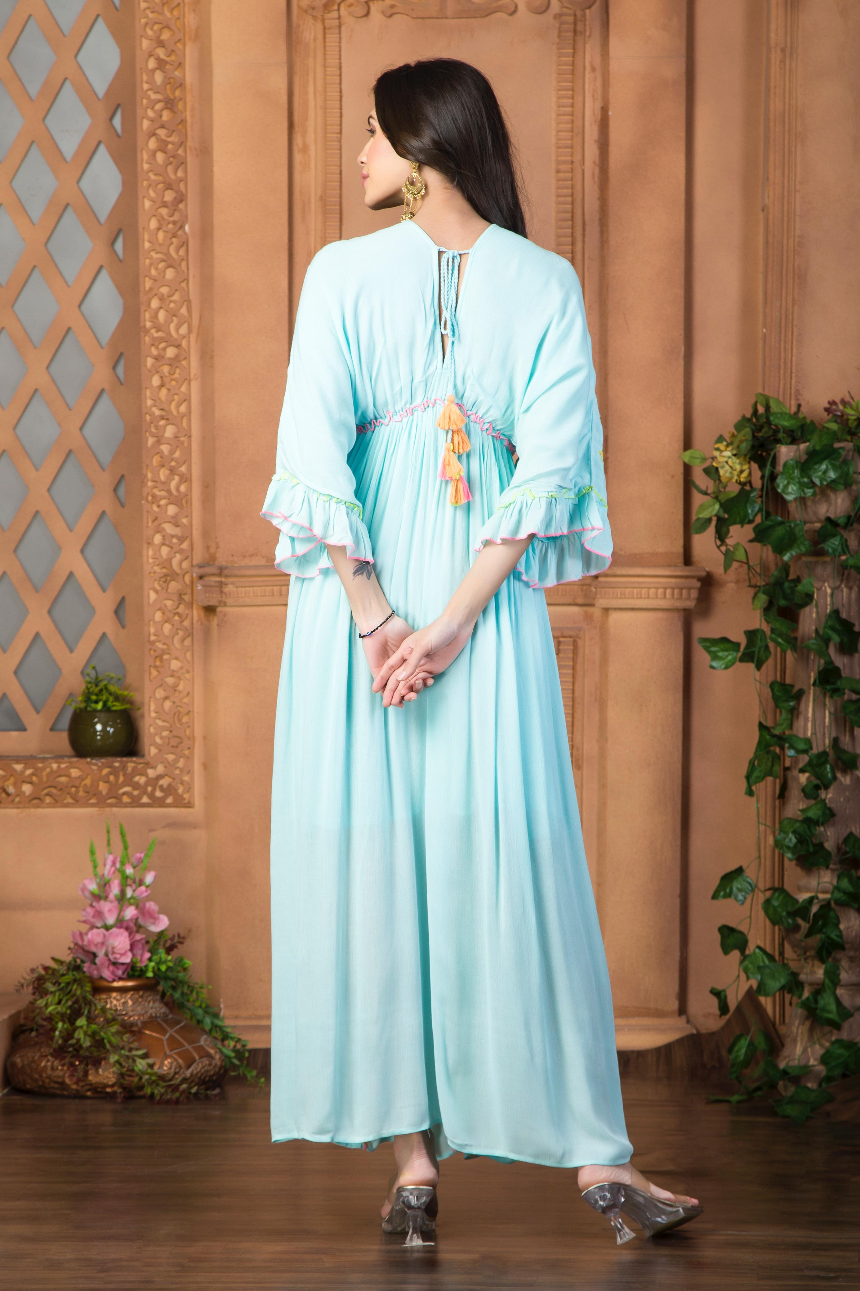 Aqua Blue Floral embroidered Cotton Maxi Dress