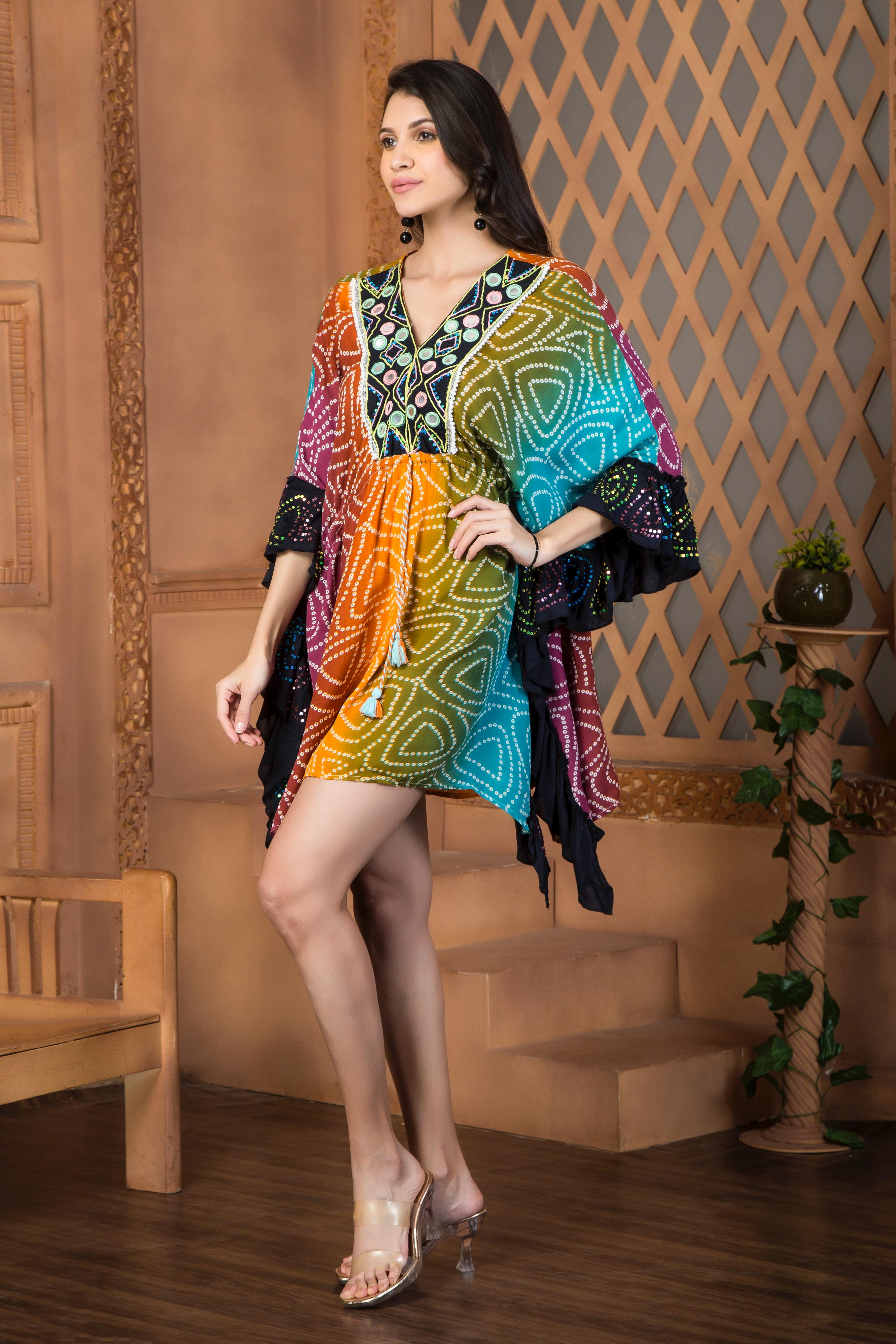 Multicolor Kaftan Dress with Embellished Neckline and Bell Sleeves