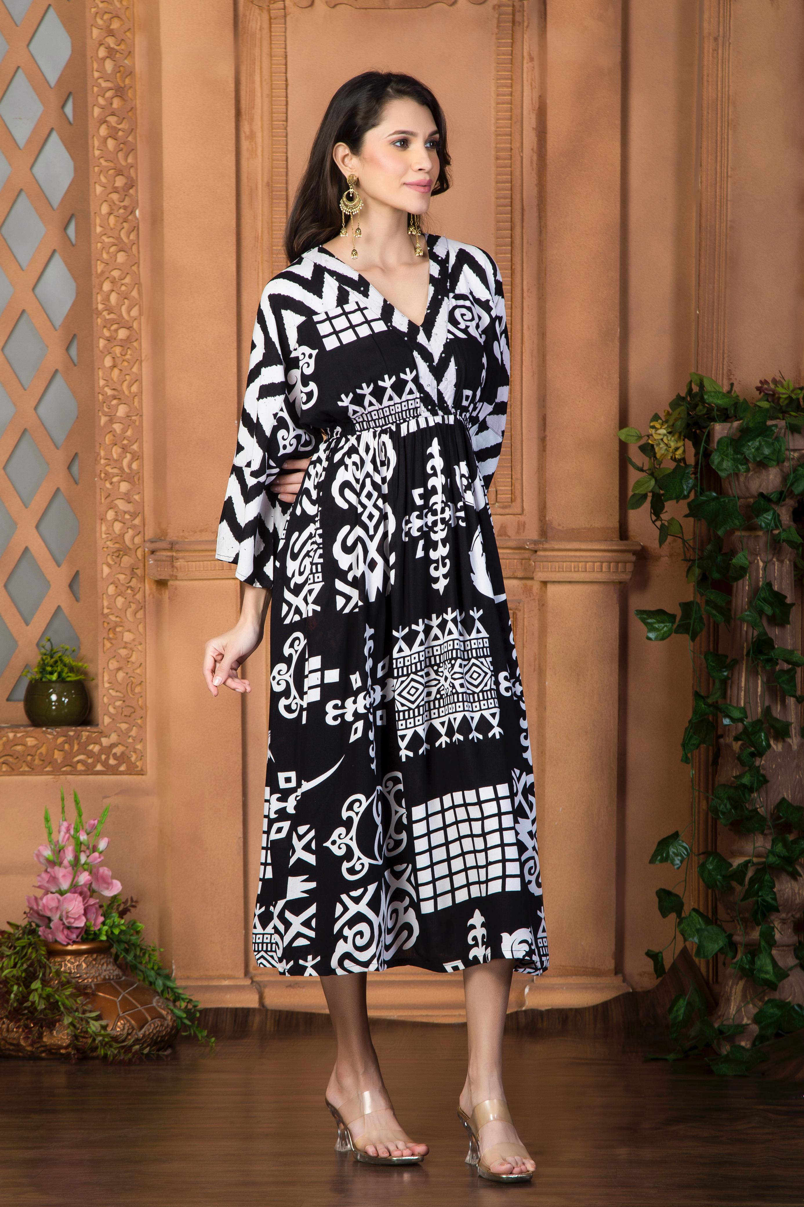 Black and White Graphic Print Cotton Midi Dress