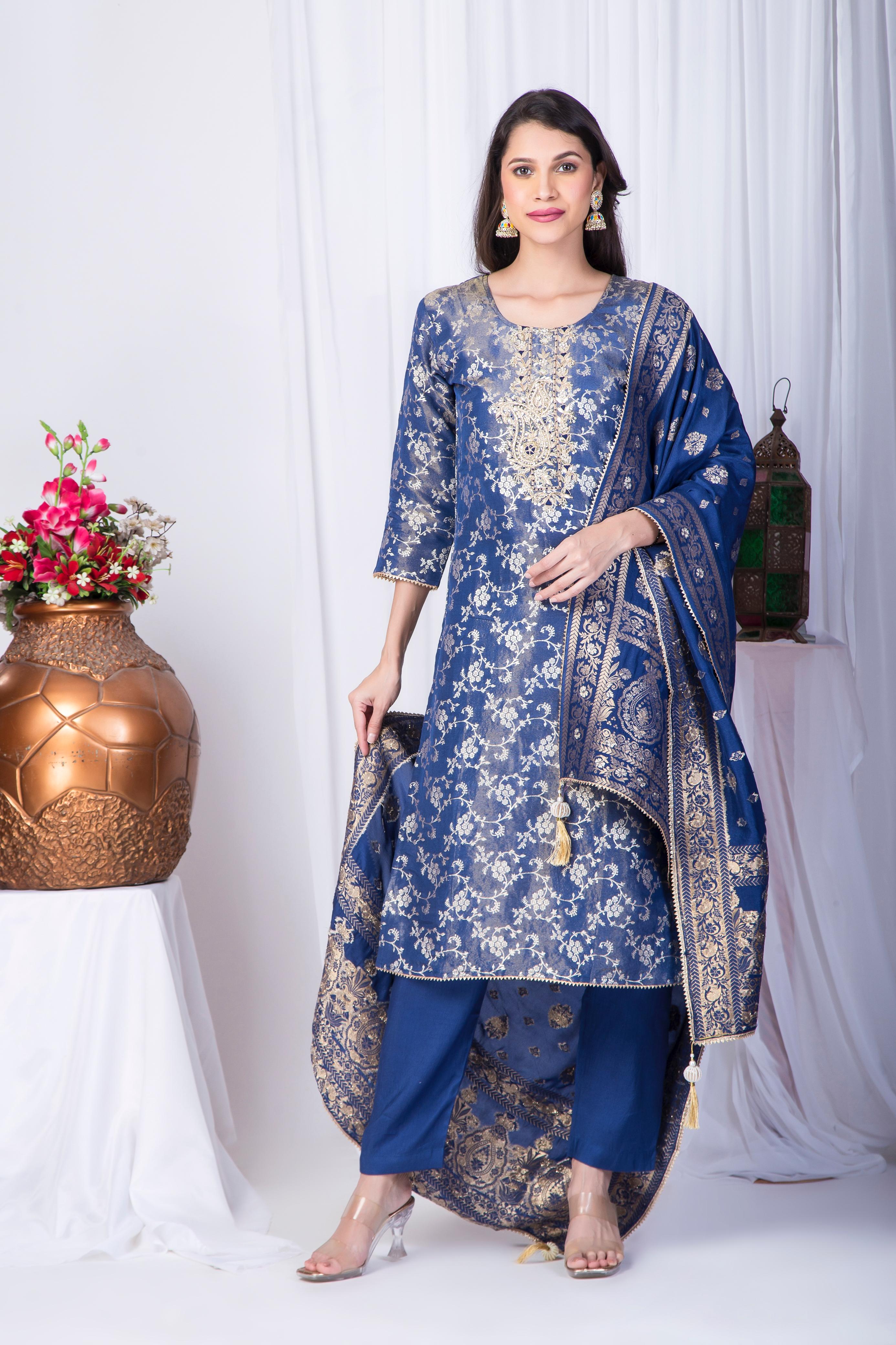 Jacquard silk shimmer suit set with handwork