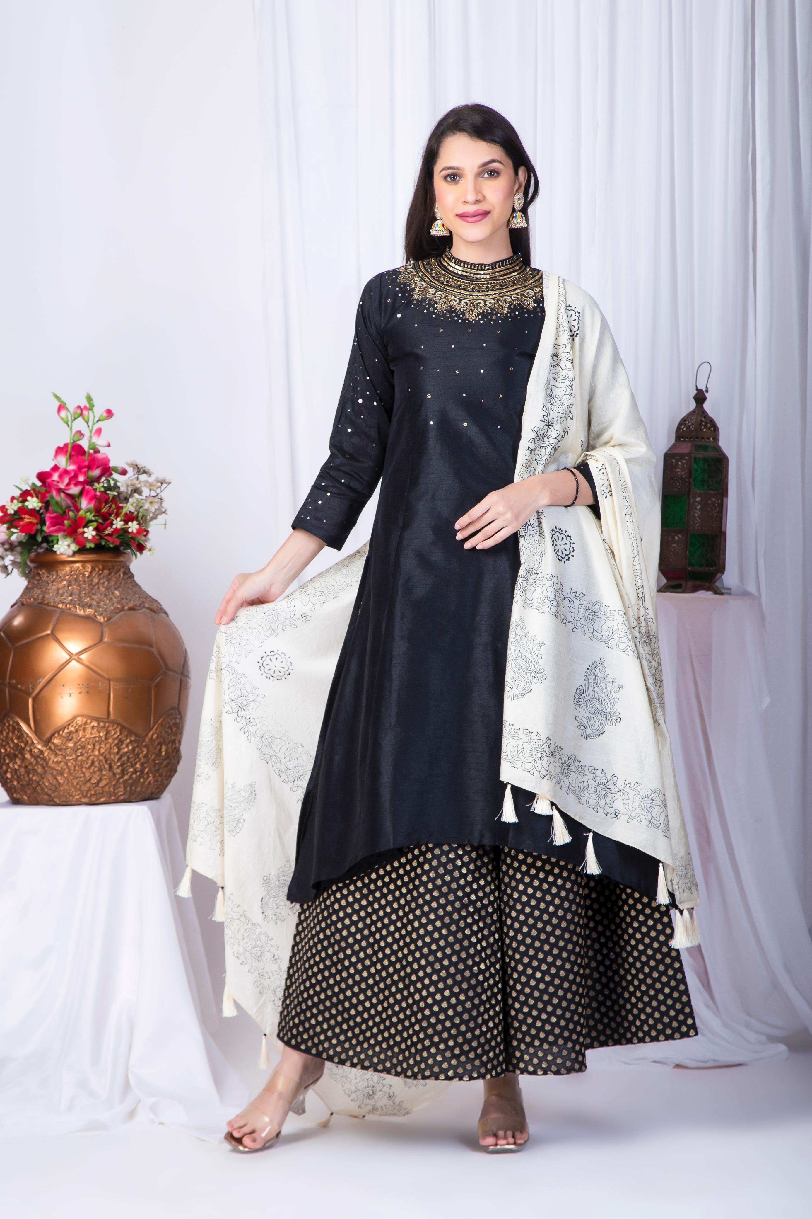 Hand Work Banarasi Silk Suit Set With Chanderi Dupatta