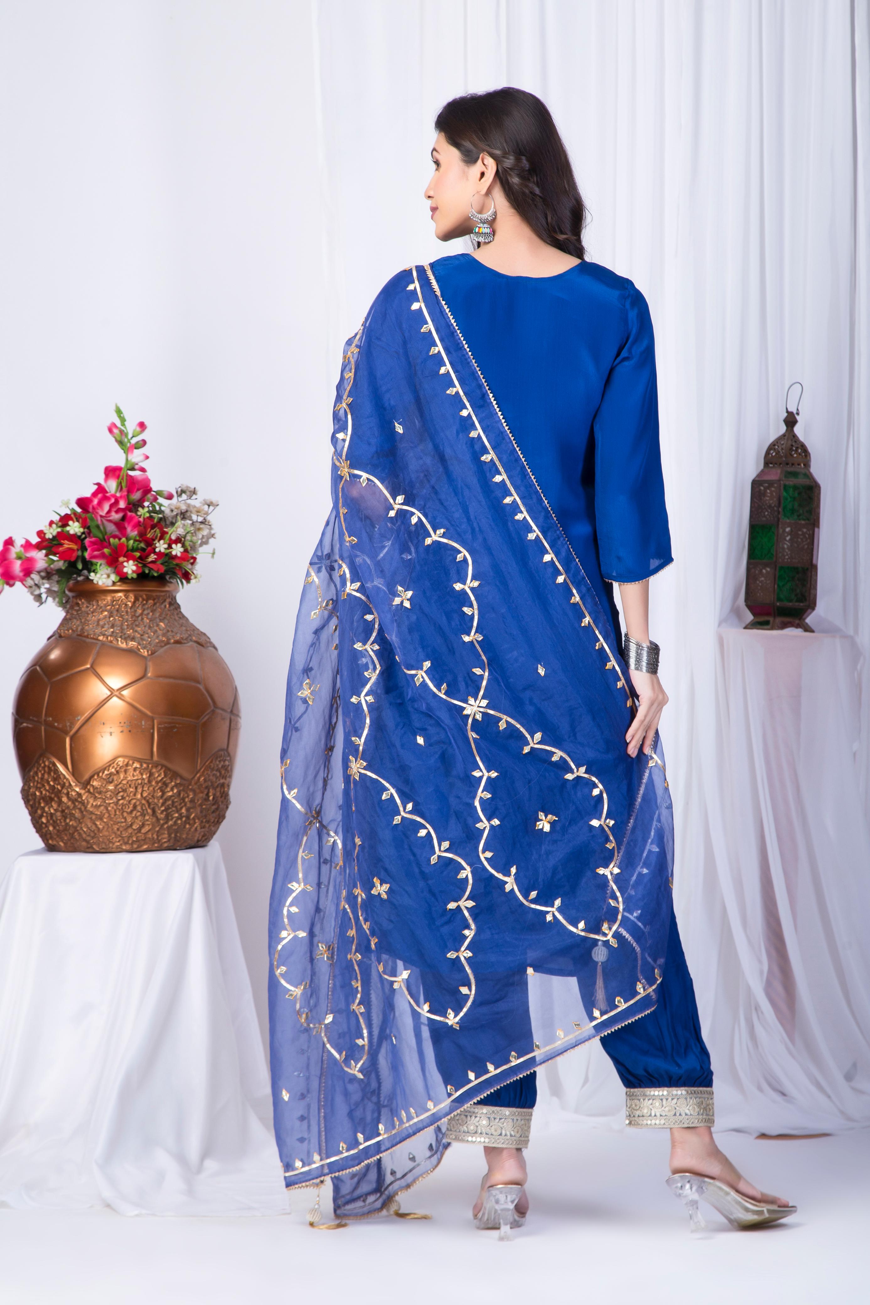 Bright Blue Crepe suit set with digital printed Dupatta