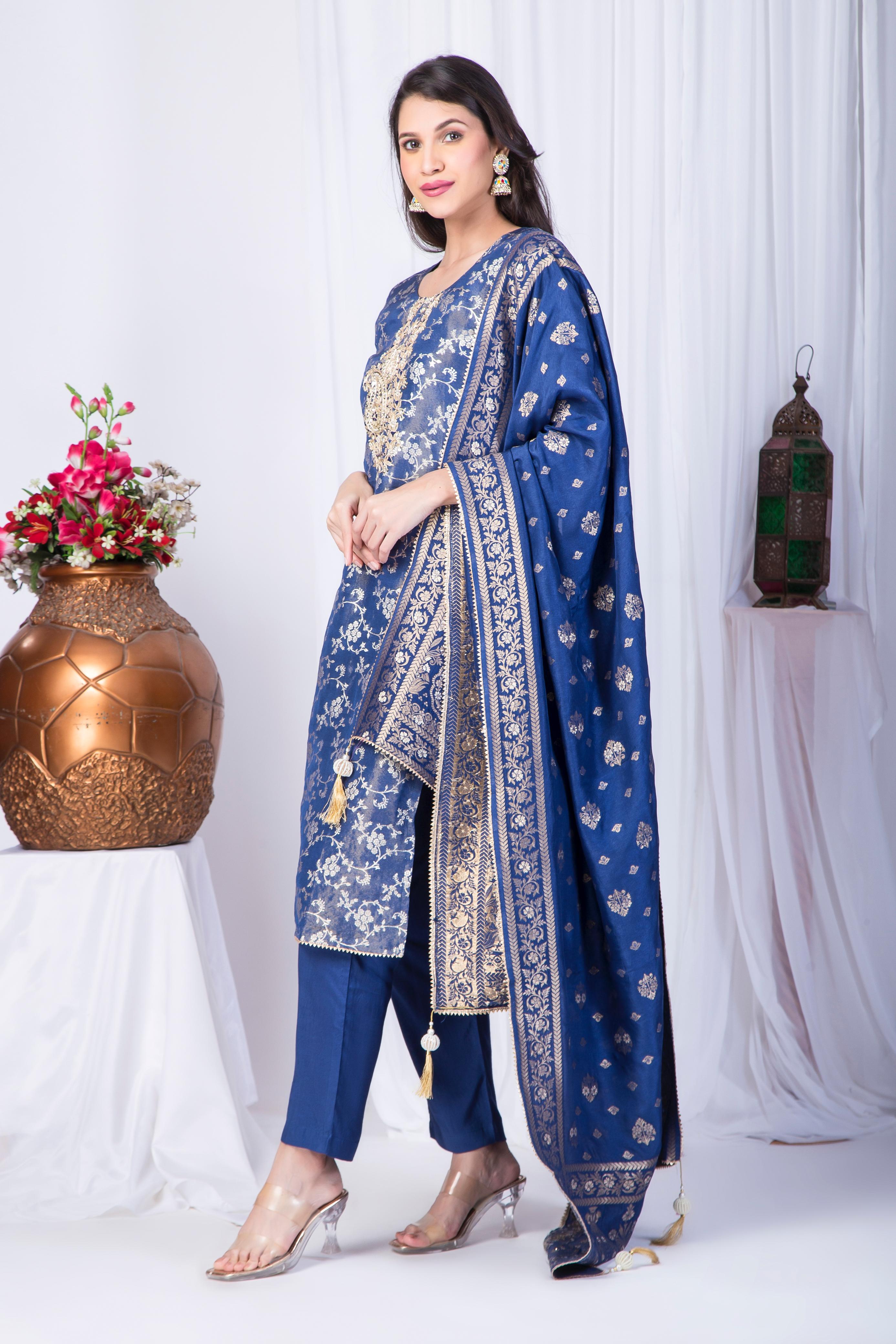 Jacquard silk shimmer suit set with handwork