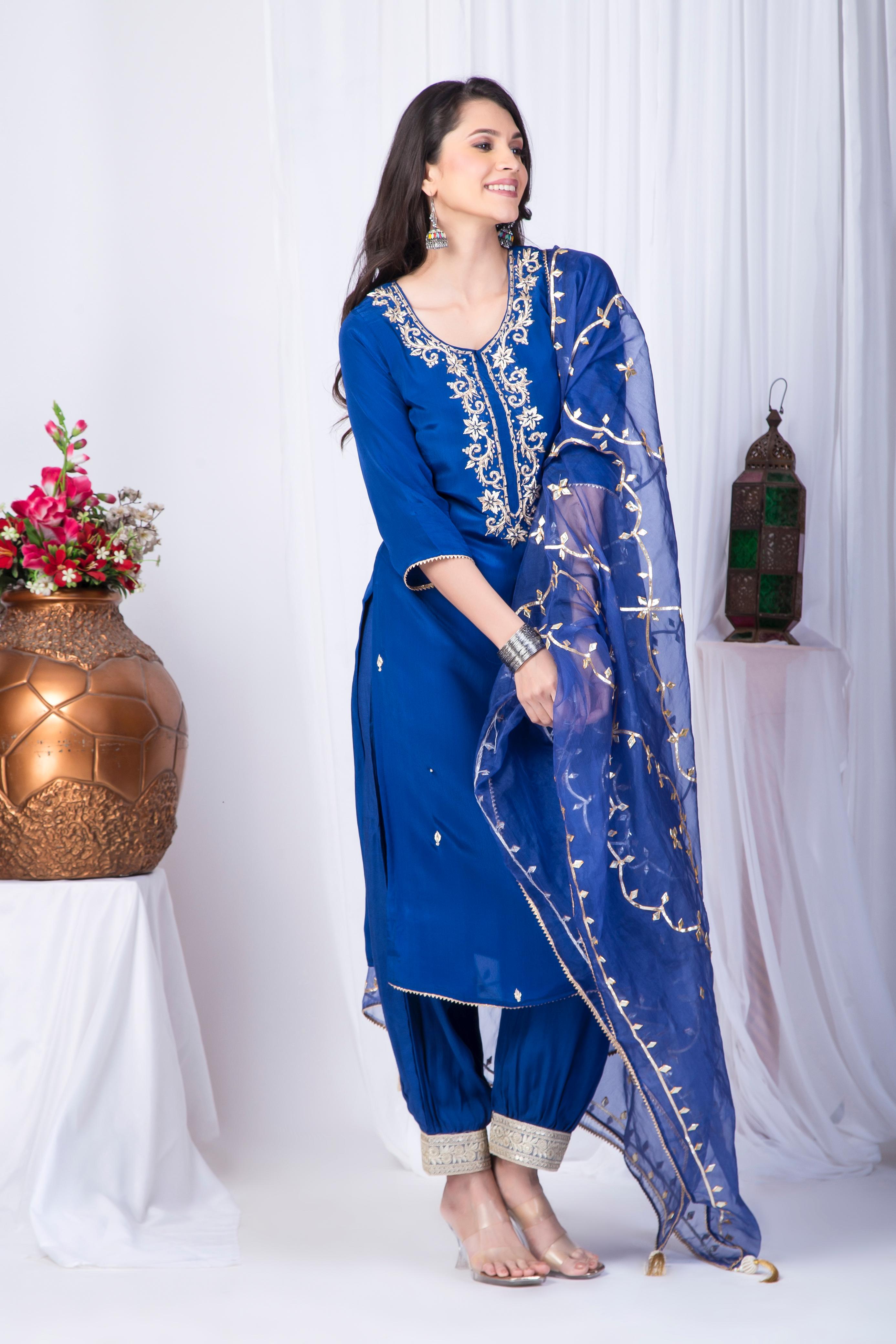 Bright Blue Crepe suit set with digital printed Dupatta