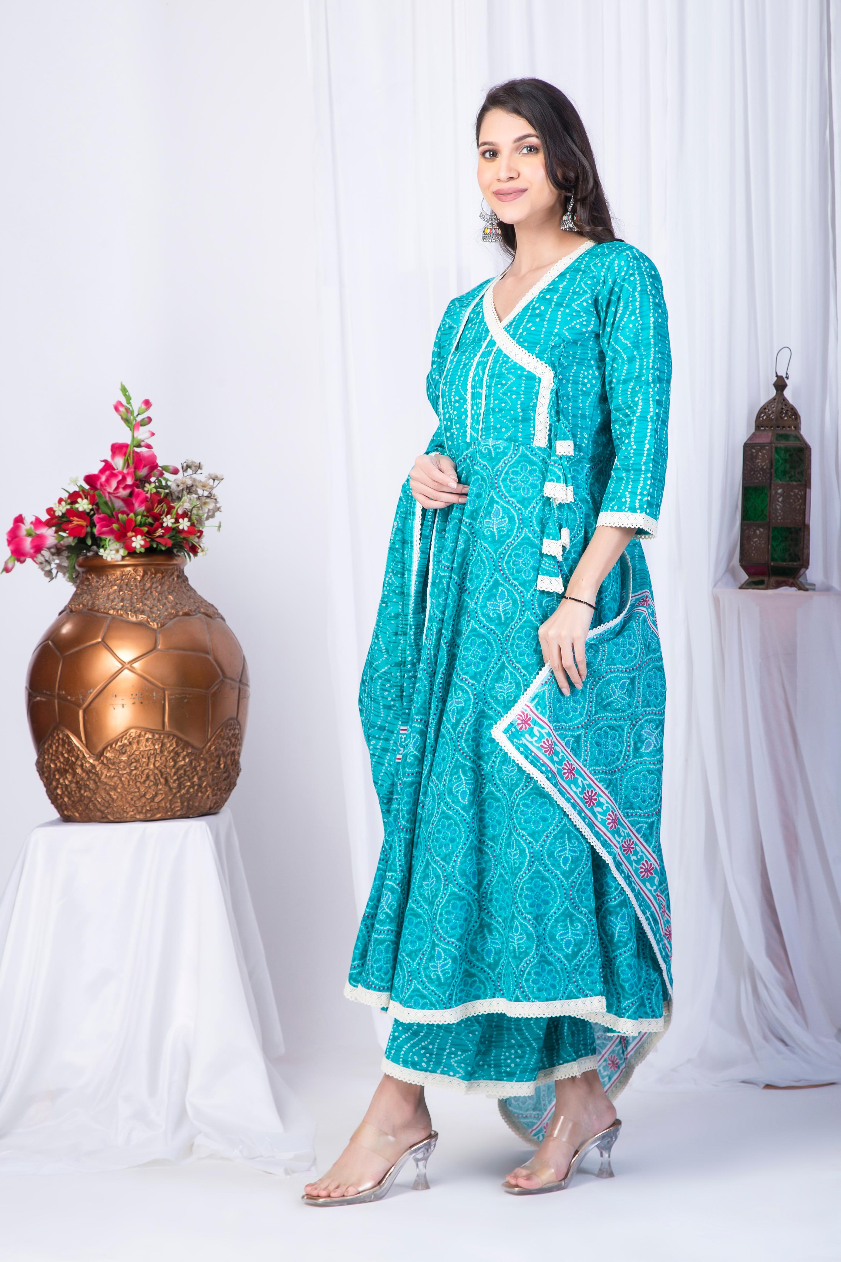 Teal Blue Cotton Anarkali suit set with lace detail